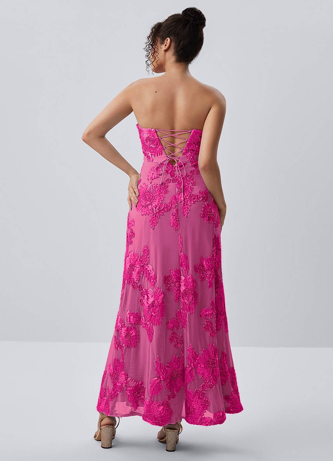 Esperanza Sheath Strapless Floral Mesh Prom Dress in Fuchsia