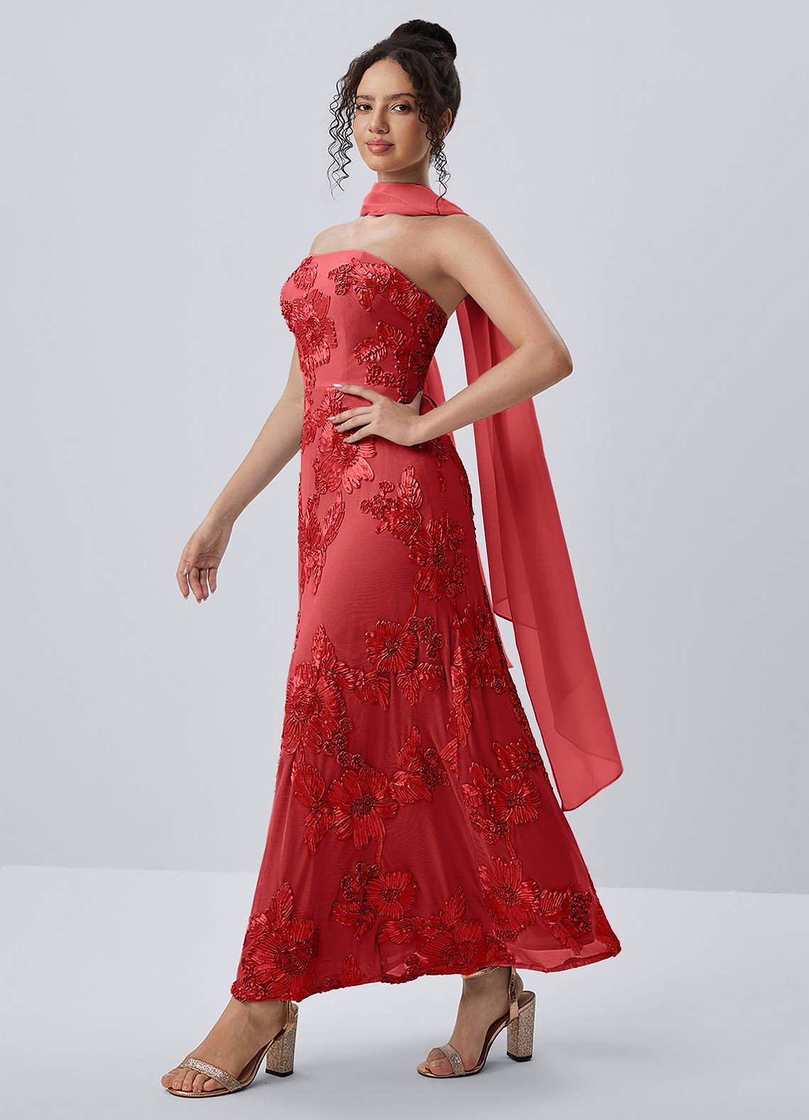 Esperanza Sheath Strapless Floral Mesh Prom Dress in Red