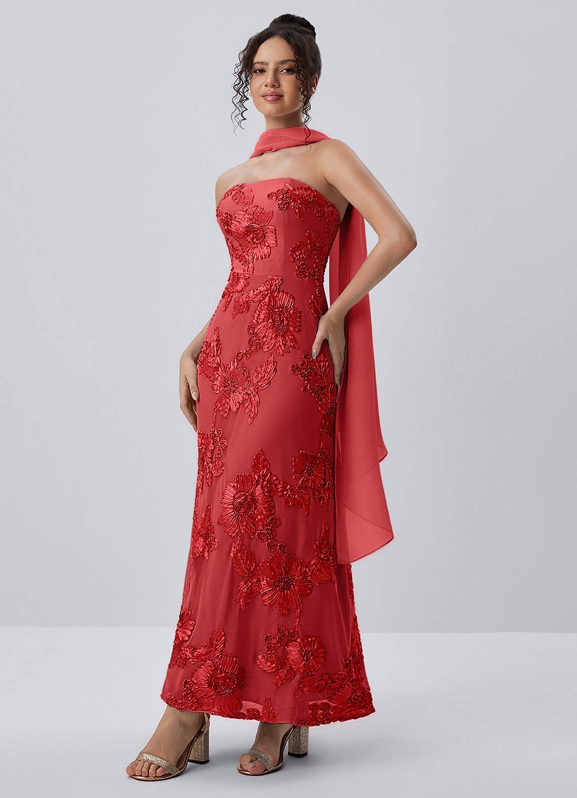 Esperanza Sheath Strapless Floral Mesh Prom Dress in Red
