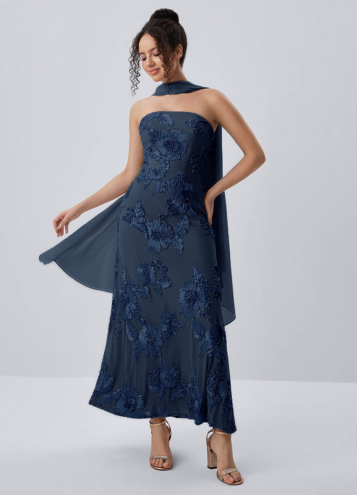 Esperanza Sheath Strapless Floral Mesh Prom Dress in Navy Blue