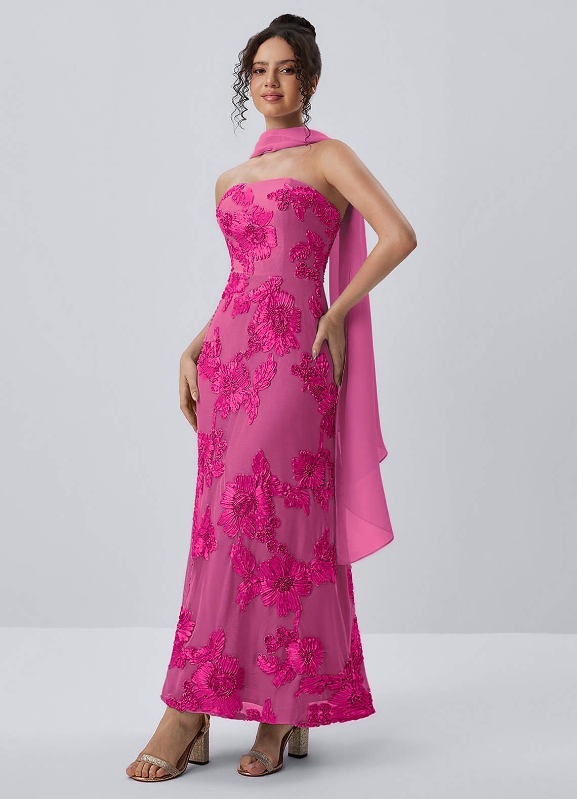 Esperanza Sheath Strapless Floral Mesh Prom Dress in Fuchsia