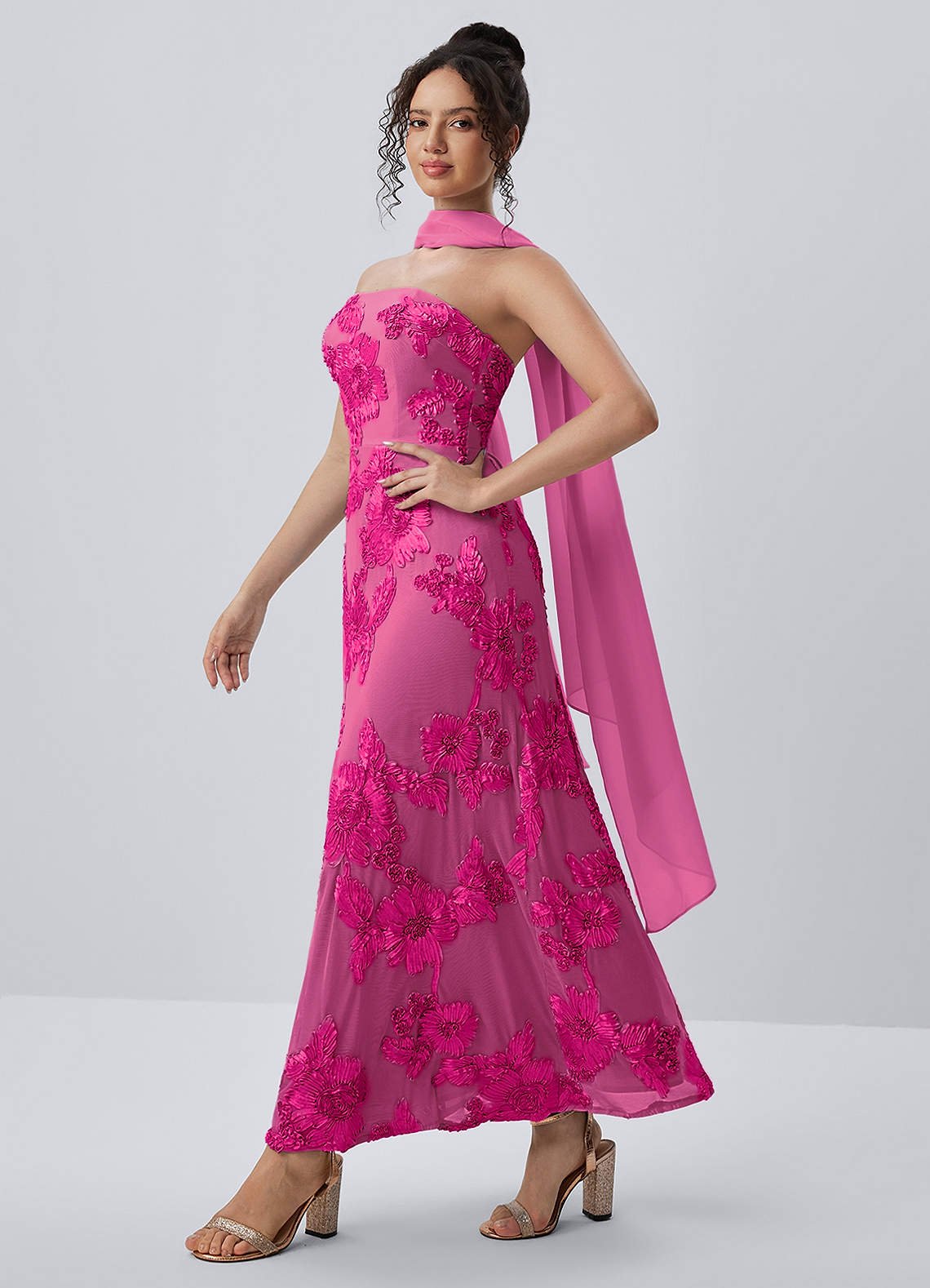 Esperanza Sheath Strapless Floral Mesh Prom Dress in Fuchsia