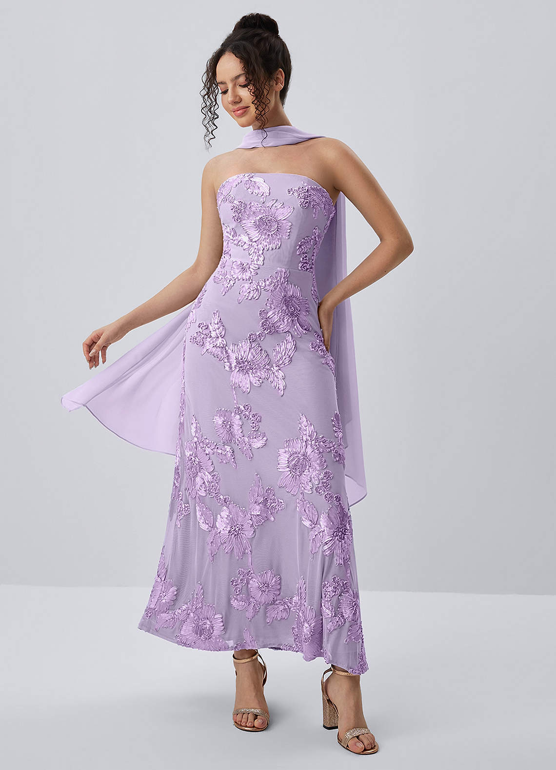 Esperanza Sheath Strapless Floral Mesh Prom Dress in Wisteria