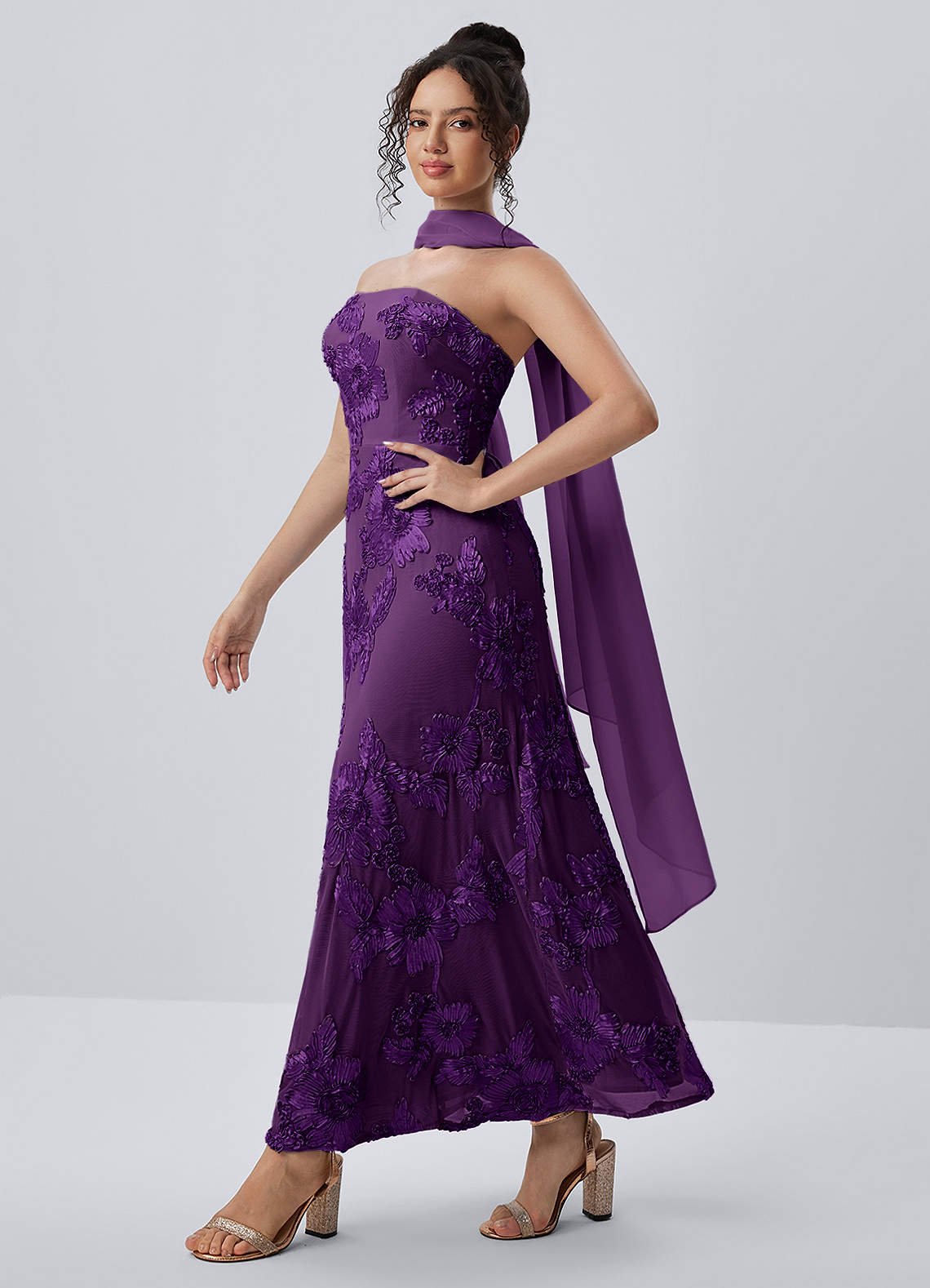 Esperanza Sheath Strapless Floral Mesh Prom Dress in Plum
