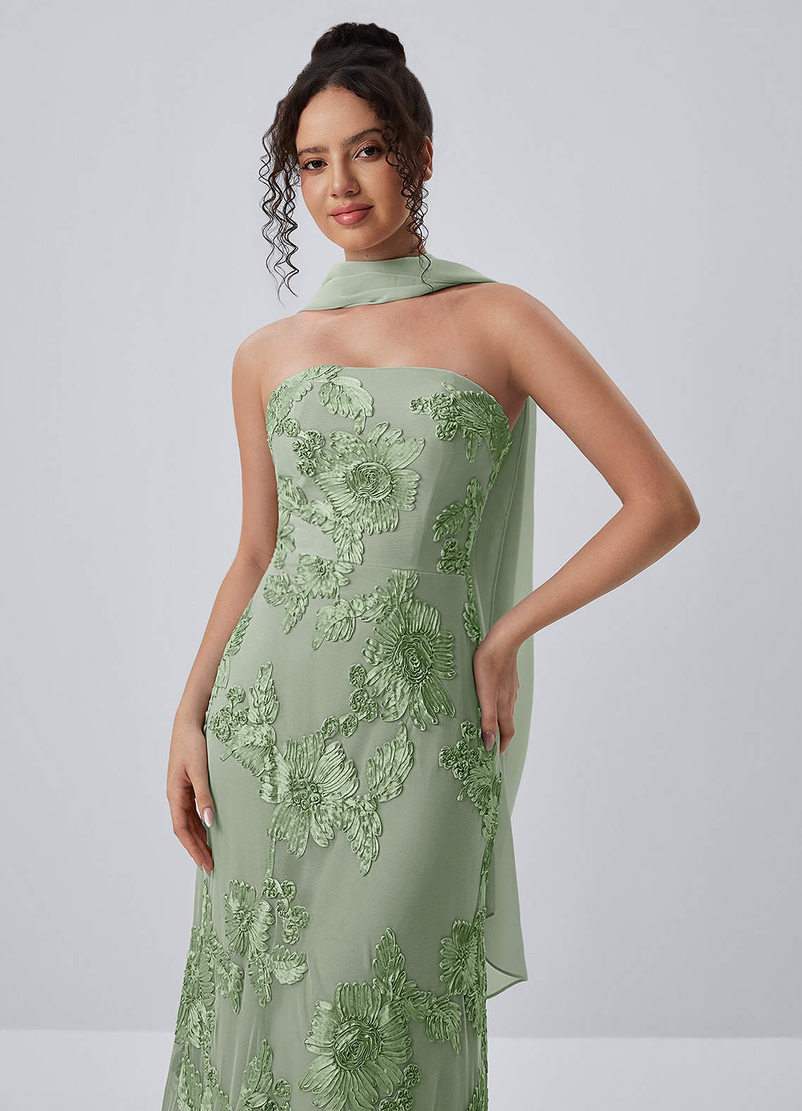Esperanza Sheath Strapless Floral Mesh Prom Dress in Sage