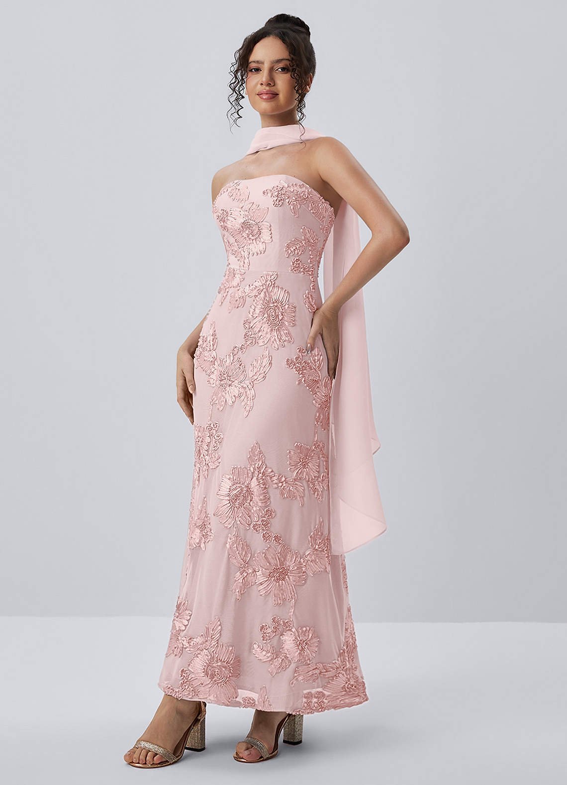 Esperanza Sheath Strapless Floral Mesh Prom Dress in Pink