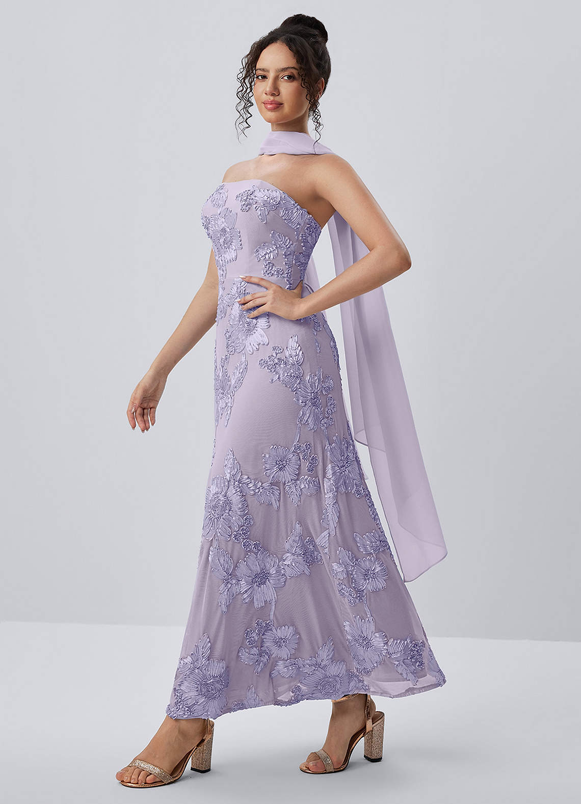Esperanza Sheath Strapless Floral Mesh Prom Dress in Pale Purple