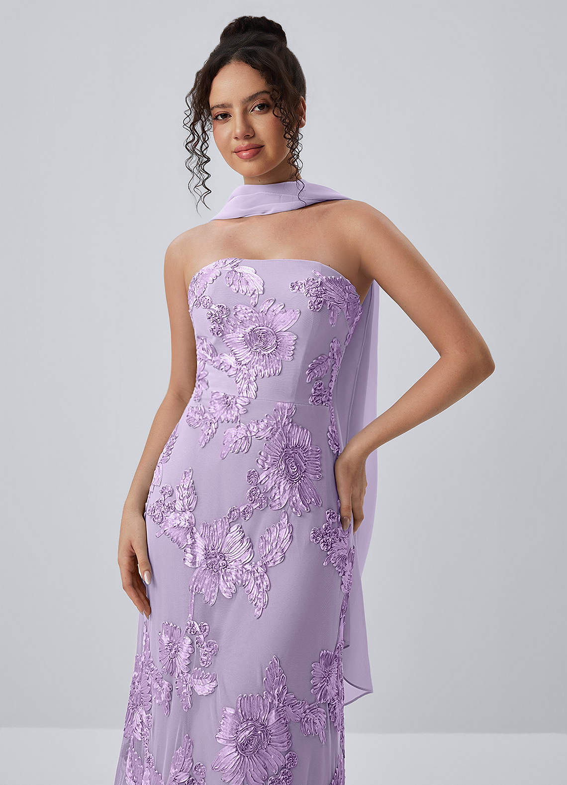 Esperanza Sheath Strapless Floral Mesh Prom Dress in Wisteria