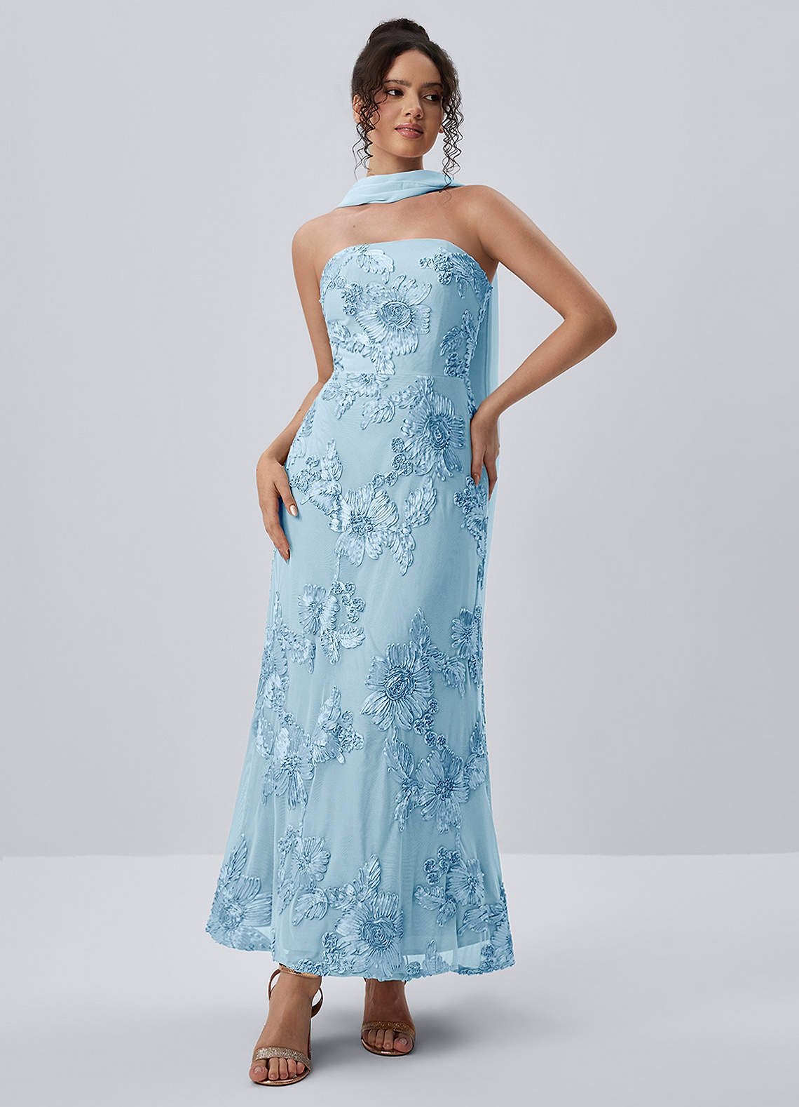 Esperanza Sheath Strapless Floral Mesh Prom Dress in Sky Blue
