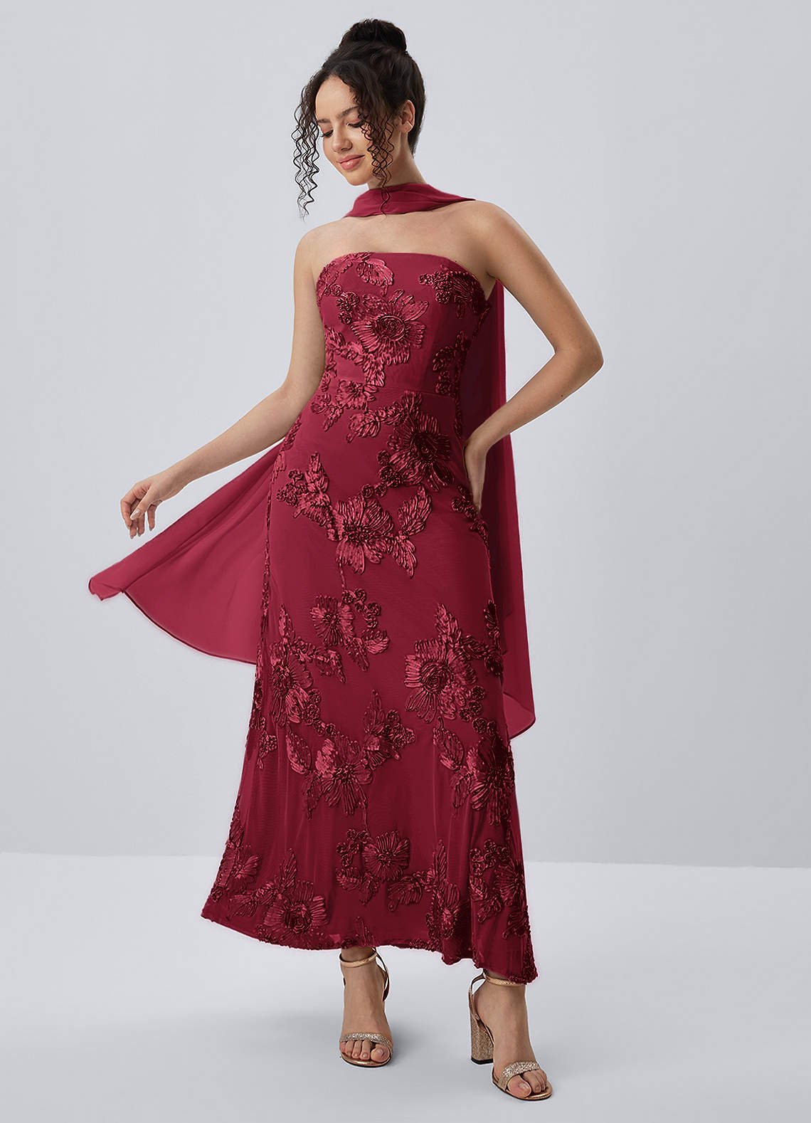 Esperanza Sheath Strapless Floral Mesh Prom Dress in Burgundy