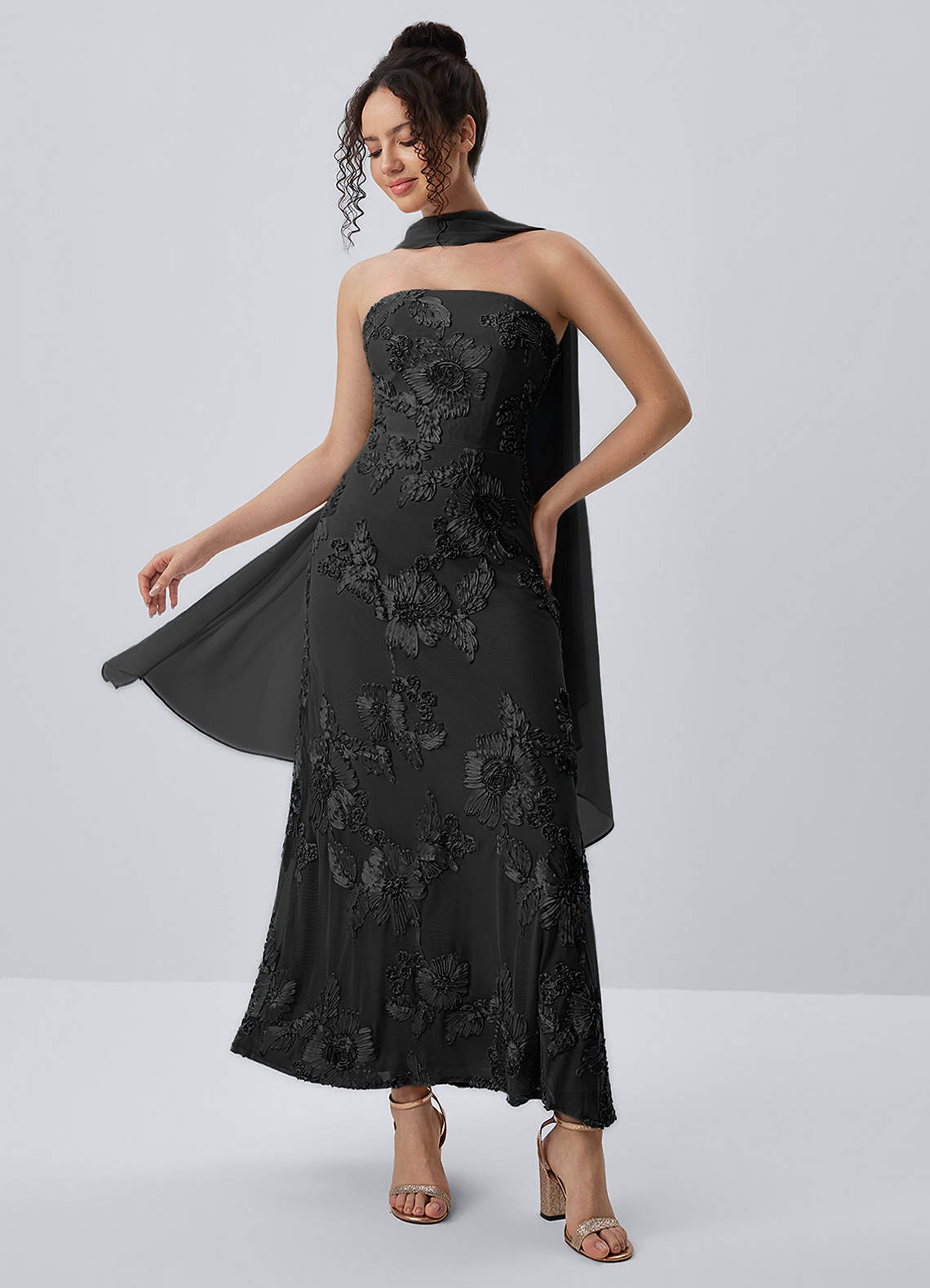 Esperanza Sheath Strapless Floral Mesh Prom Dress in black