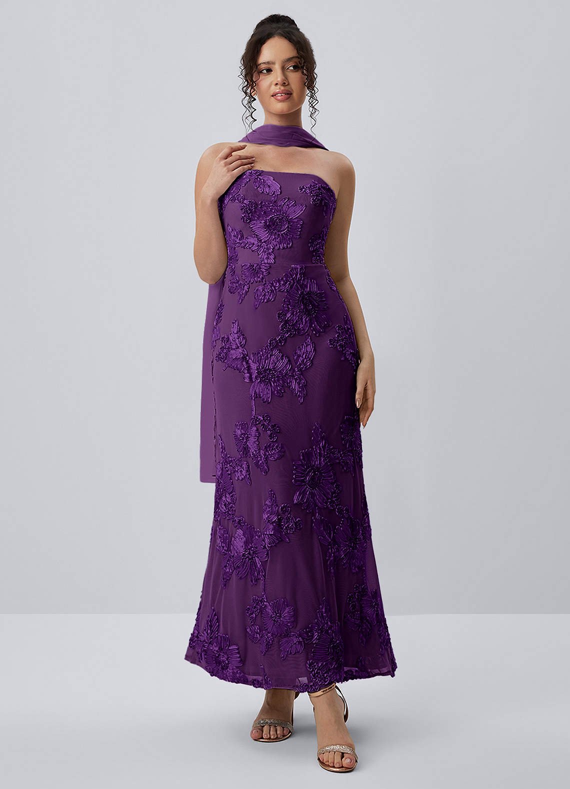 Esperanza Sheath Strapless Floral Mesh Prom Dress in Pale Purple