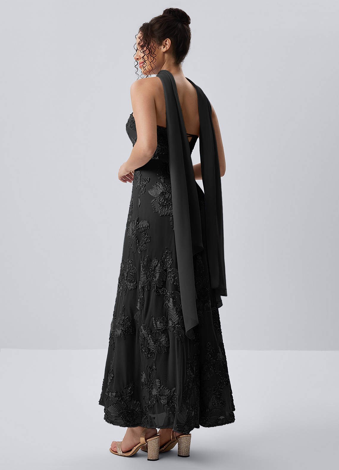 Esperanza Sheath Strapless Floral Mesh Prom Dress in black