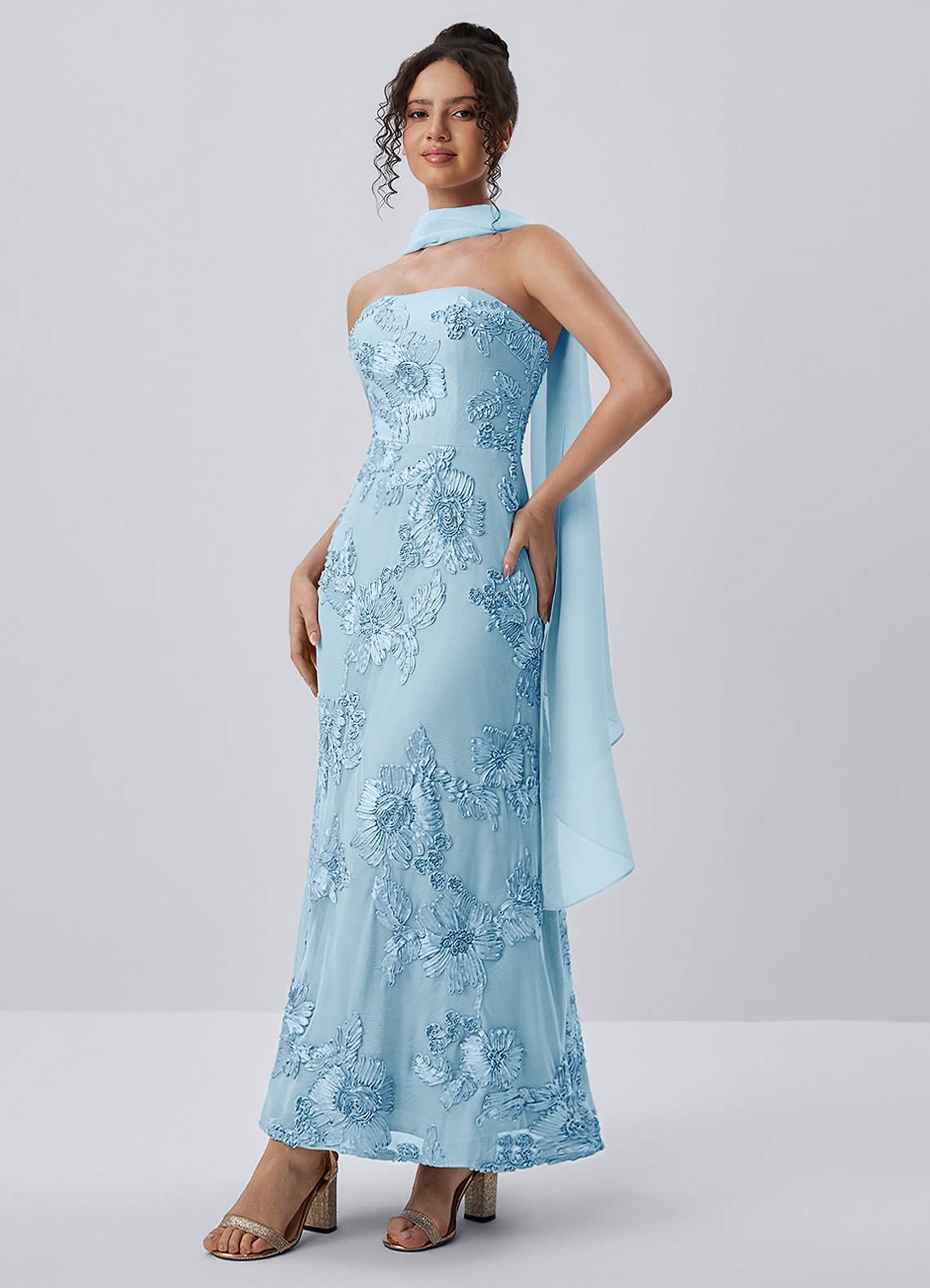Esperanza Sheath Strapless Floral Mesh Prom Dress in Sky Blue