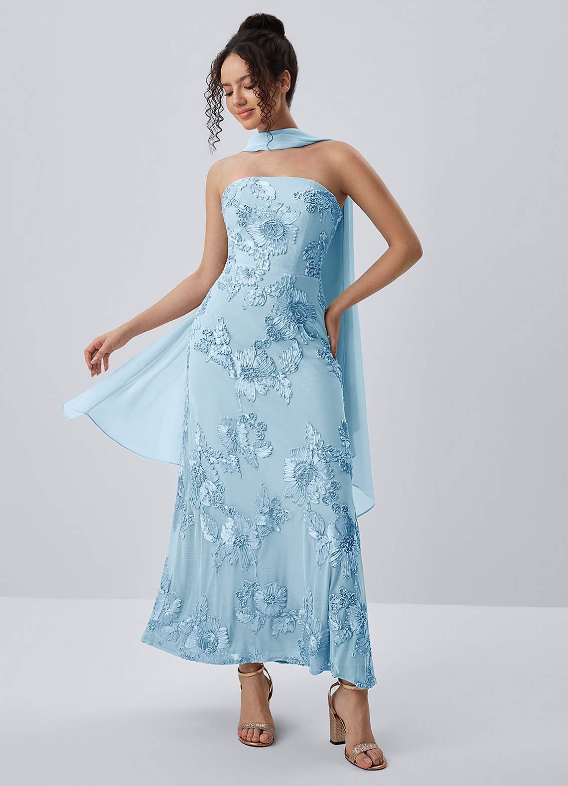 Esperanza Sheath Strapless Floral Mesh Prom Dress in Sky Blue
