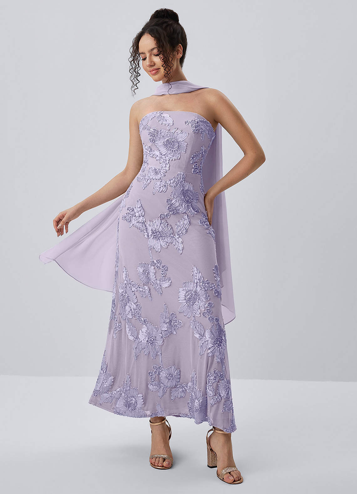 Esperanza Sheath Strapless Floral Mesh Prom Dress in Pale Purple