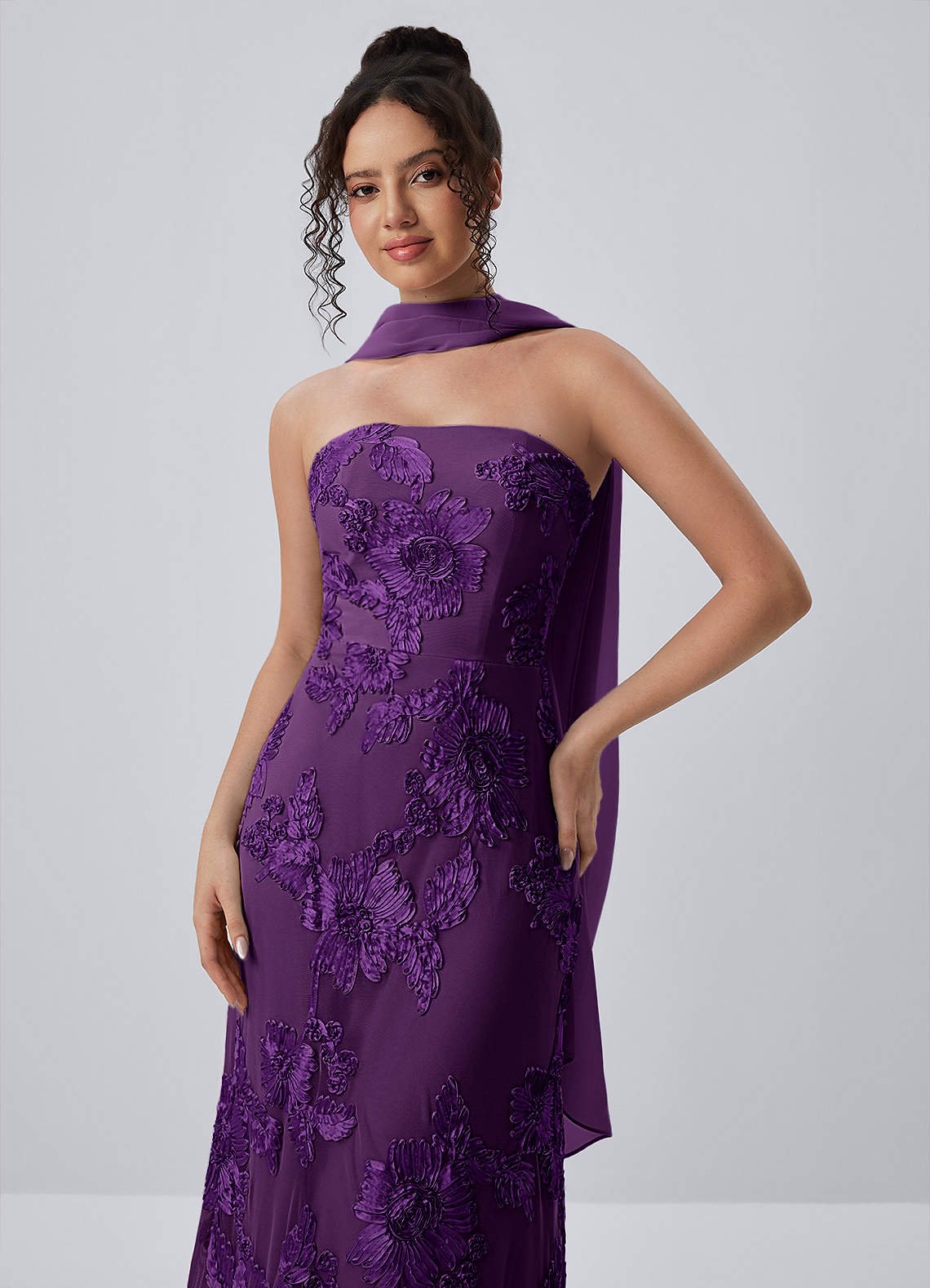 Esperanza Sheath Strapless Floral Mesh Prom Dress in Plum