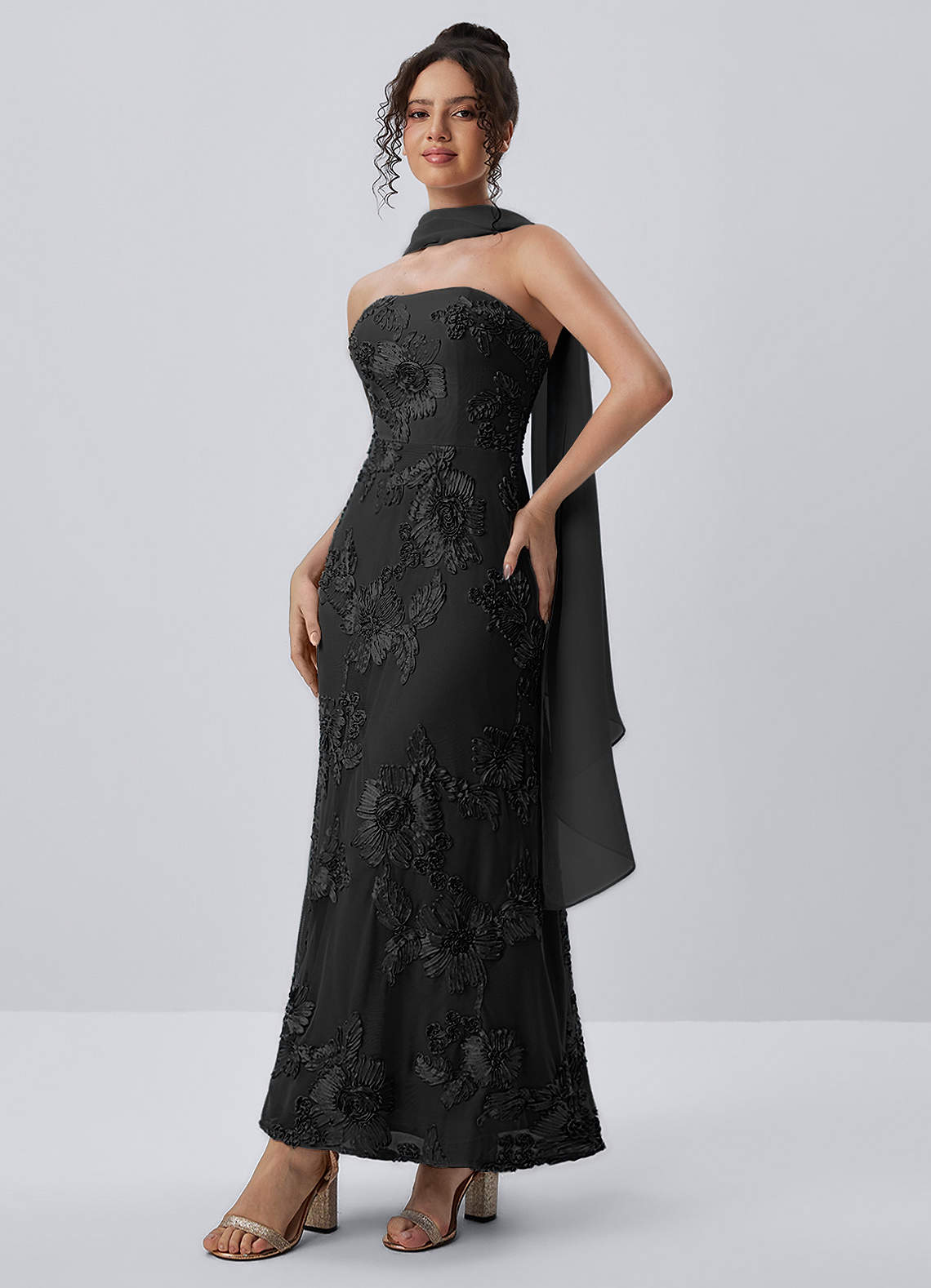 Esperanza Sheath Strapless Floral Mesh Prom Dress in black