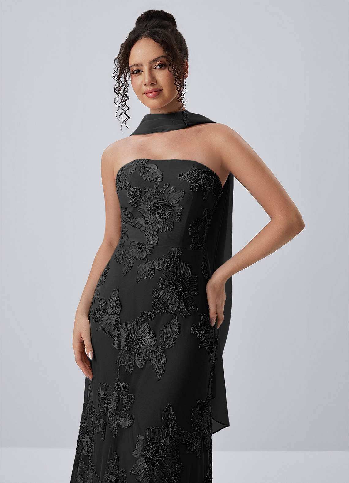 Esperanza Sheath Strapless Floral Mesh Prom Dress in black