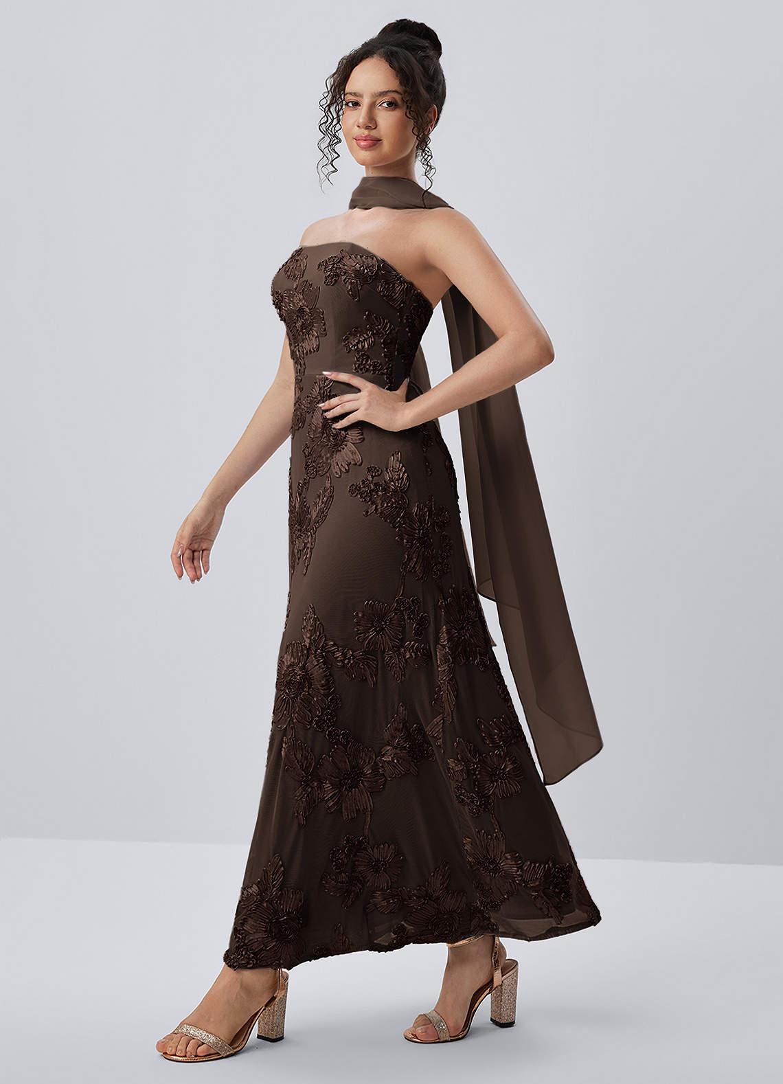 Esperanza Sheath Strapless Floral Mesh Prom Dress in Coco