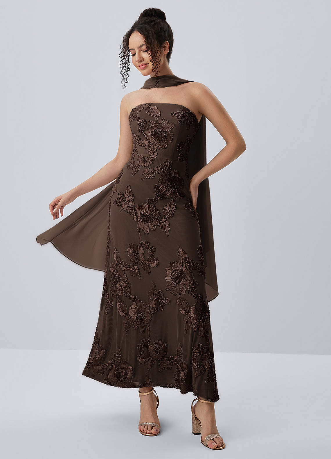Esperanza Sheath Strapless Floral Mesh Prom Dress in Coco