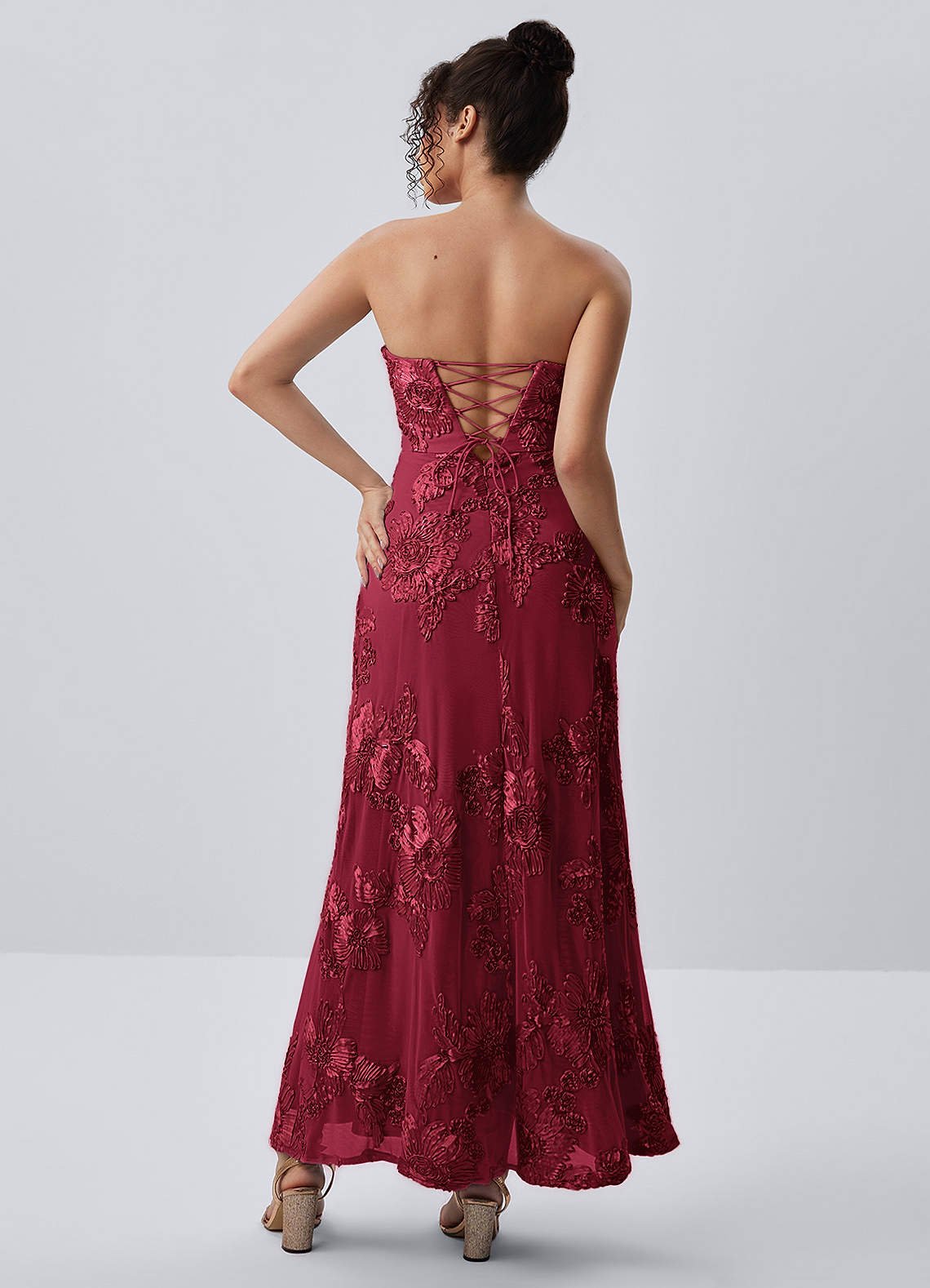 Esperanza Sheath Strapless Floral Mesh Prom Dress in Burgundy