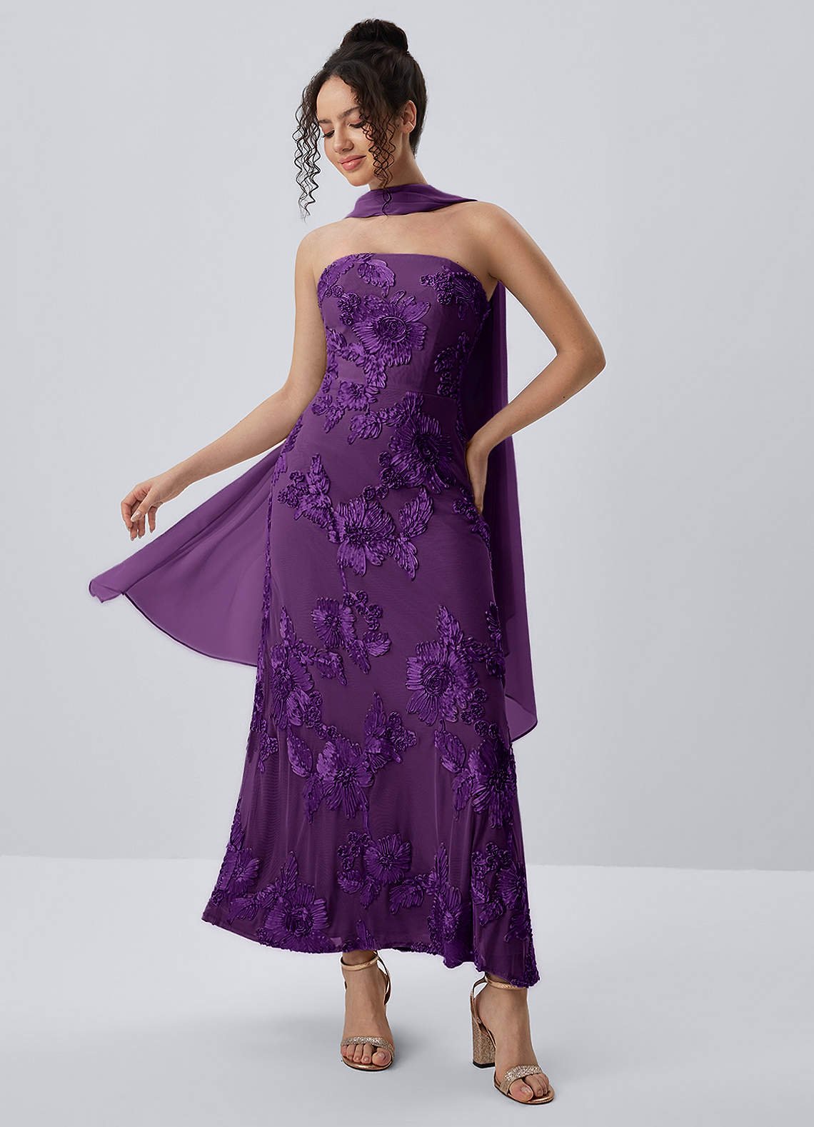 Esperanza Sheath Strapless Floral Mesh Prom Dress in Plum