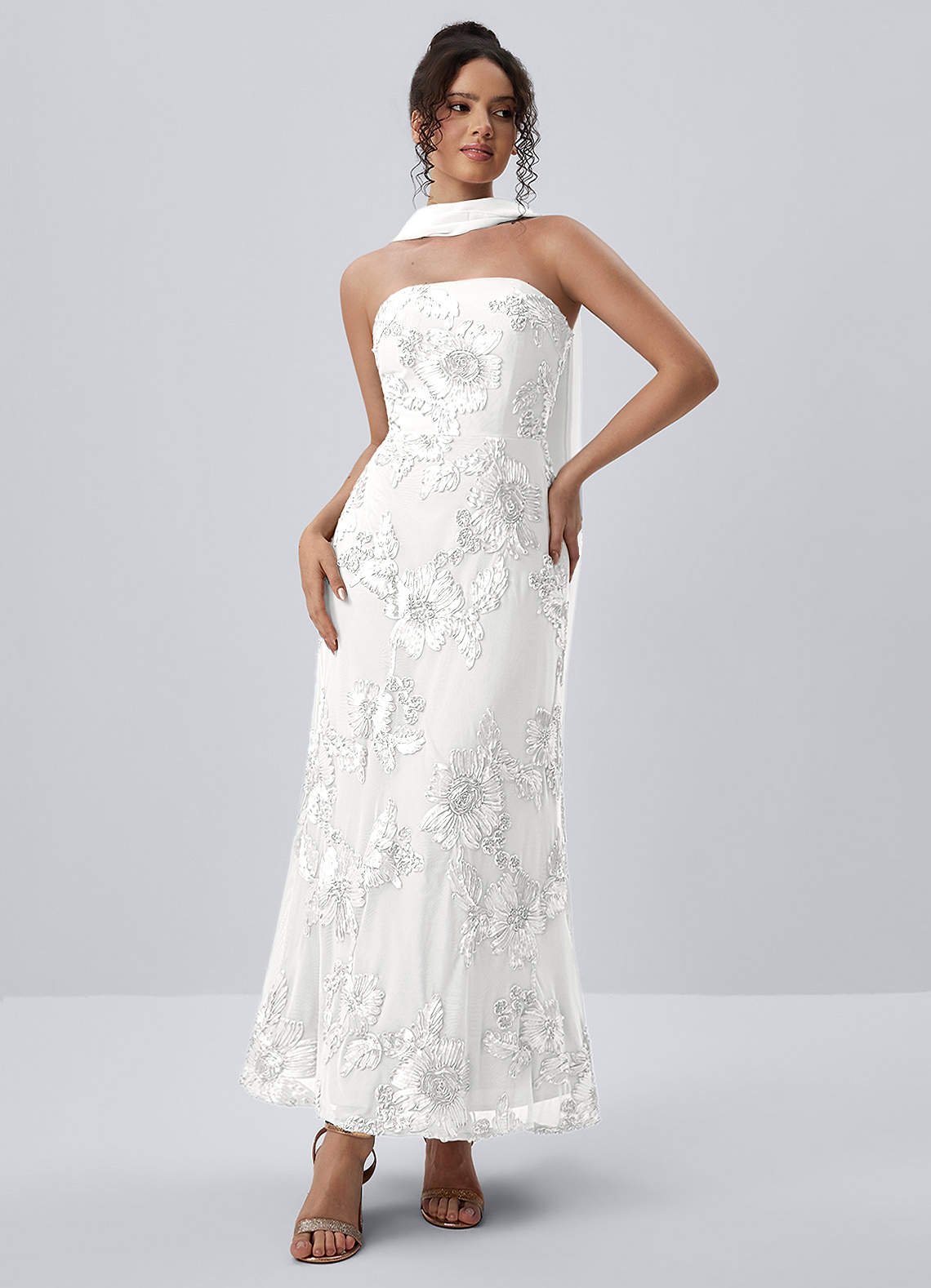 Esperanza Sheath Strapless Floral Mesh Prom Dress in white