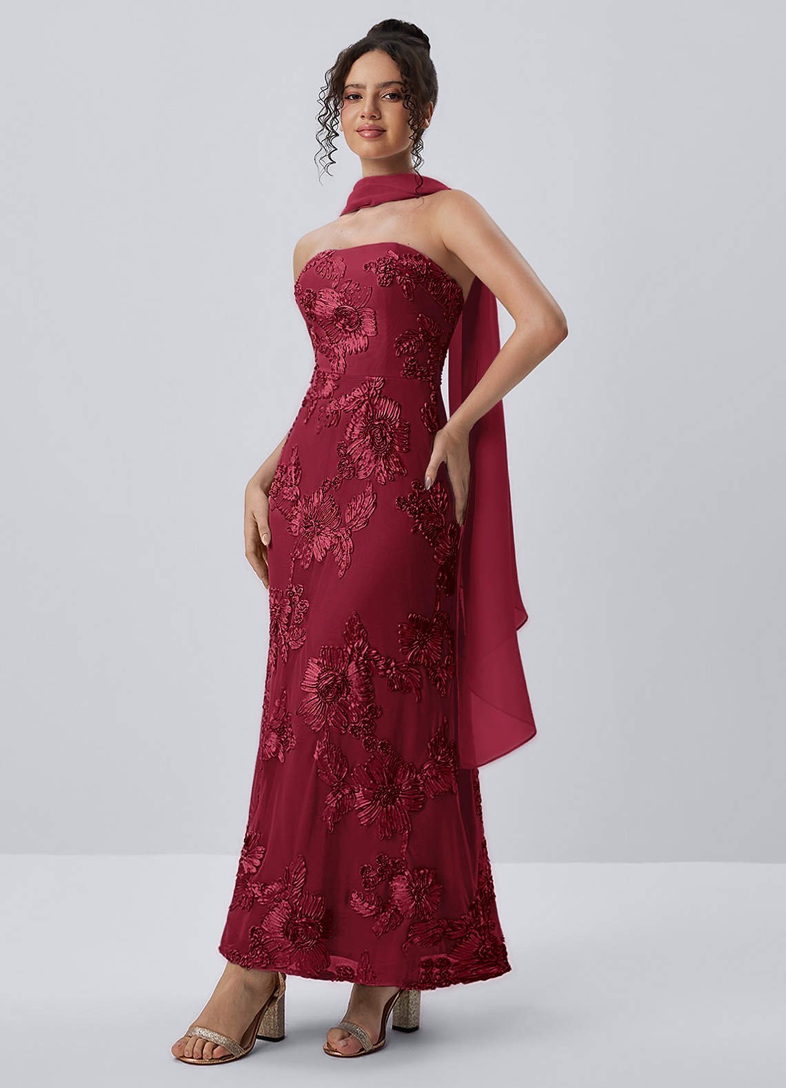Esperanza Sheath Strapless Floral Mesh Prom Dress in Burgundy