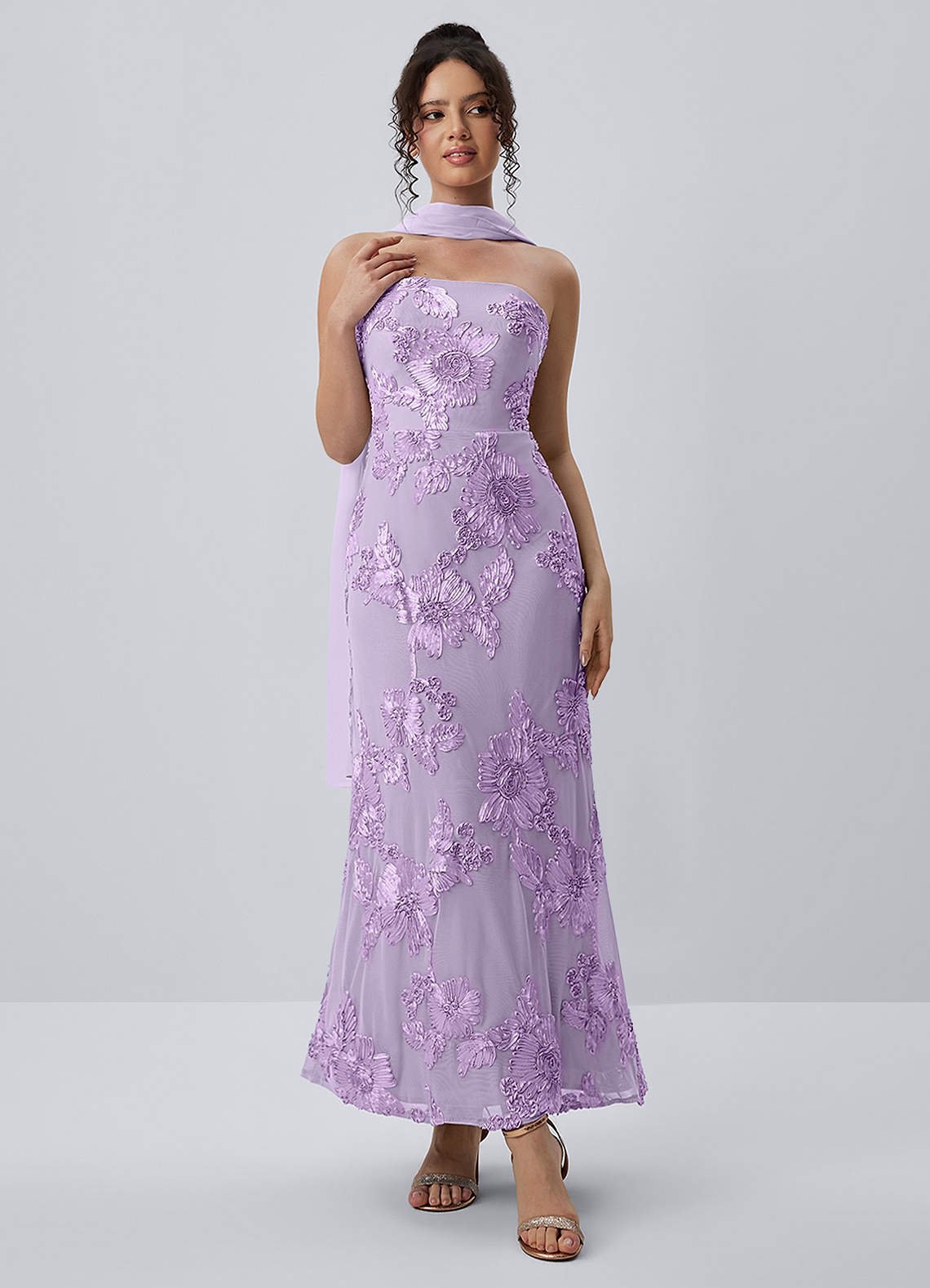 Esperanza Sheath Strapless Floral Mesh Prom Dress in Pale Purple