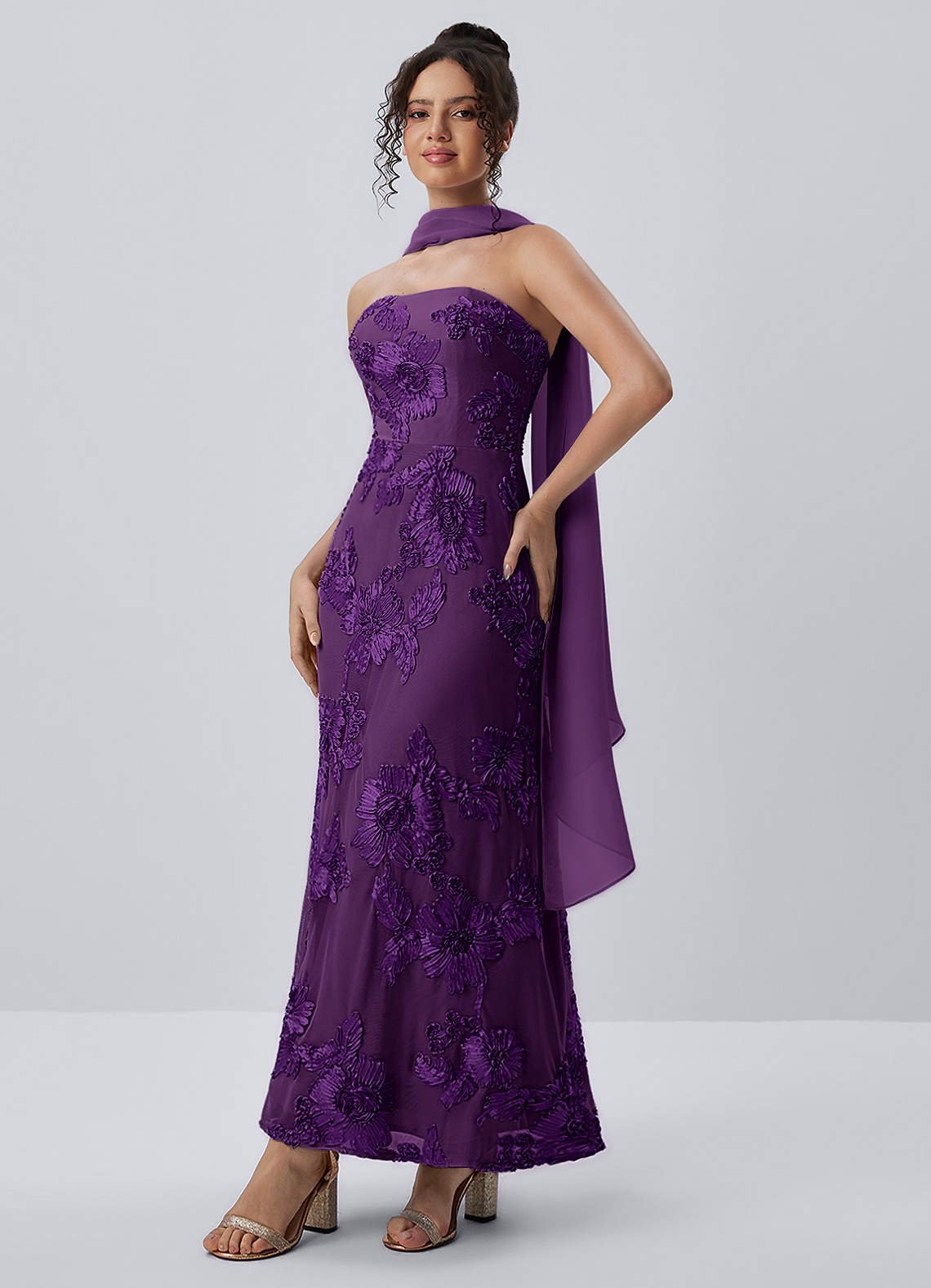 Esperanza Sheath Strapless Floral Mesh Prom Dress in Plum