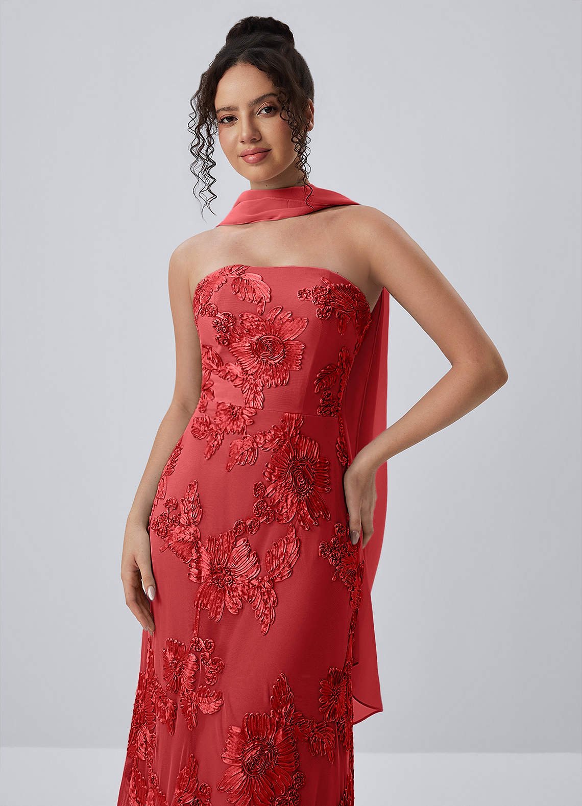 Esperanza Sheath Strapless Floral Mesh Prom Dress in Red