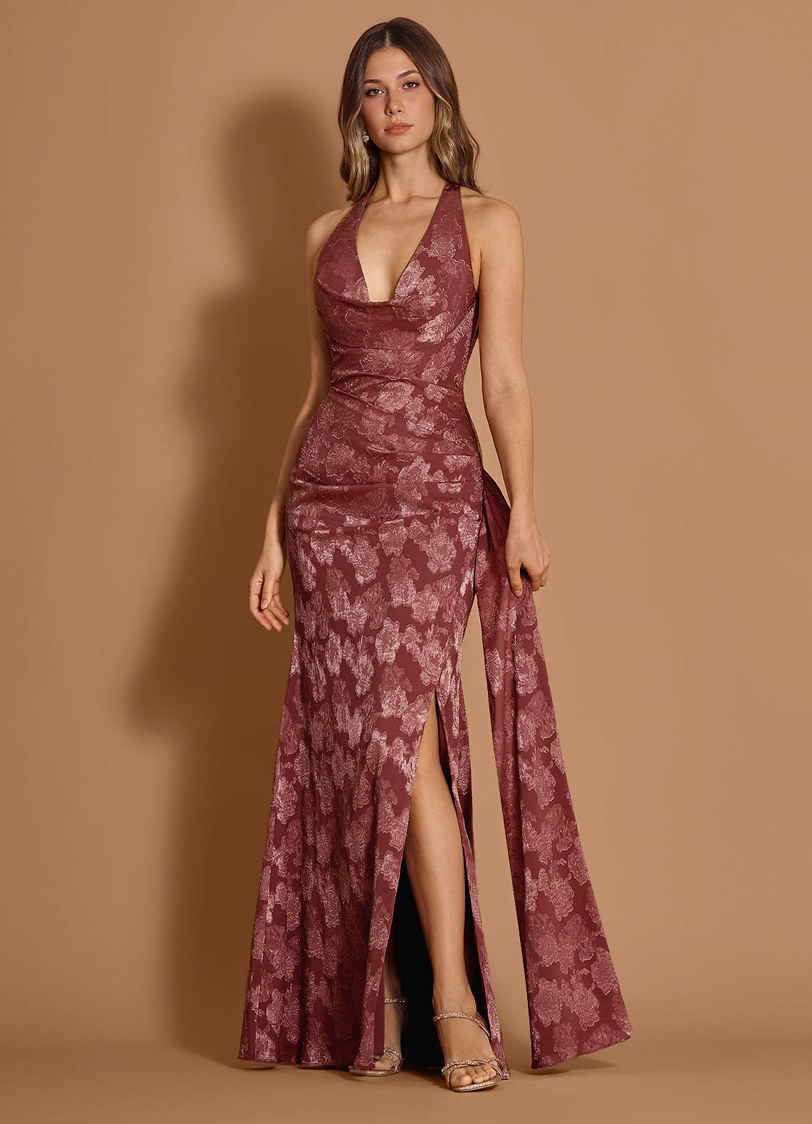 Estee Halter Draped Floral Fil Coupé Wedding Guest Dress in Vintage Rose