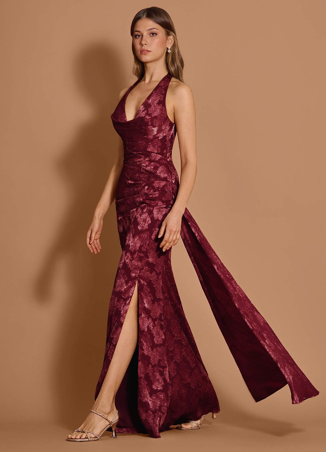 Estee Halter Draped Floral Fil Coupé Wedding Guest Dress in Wine