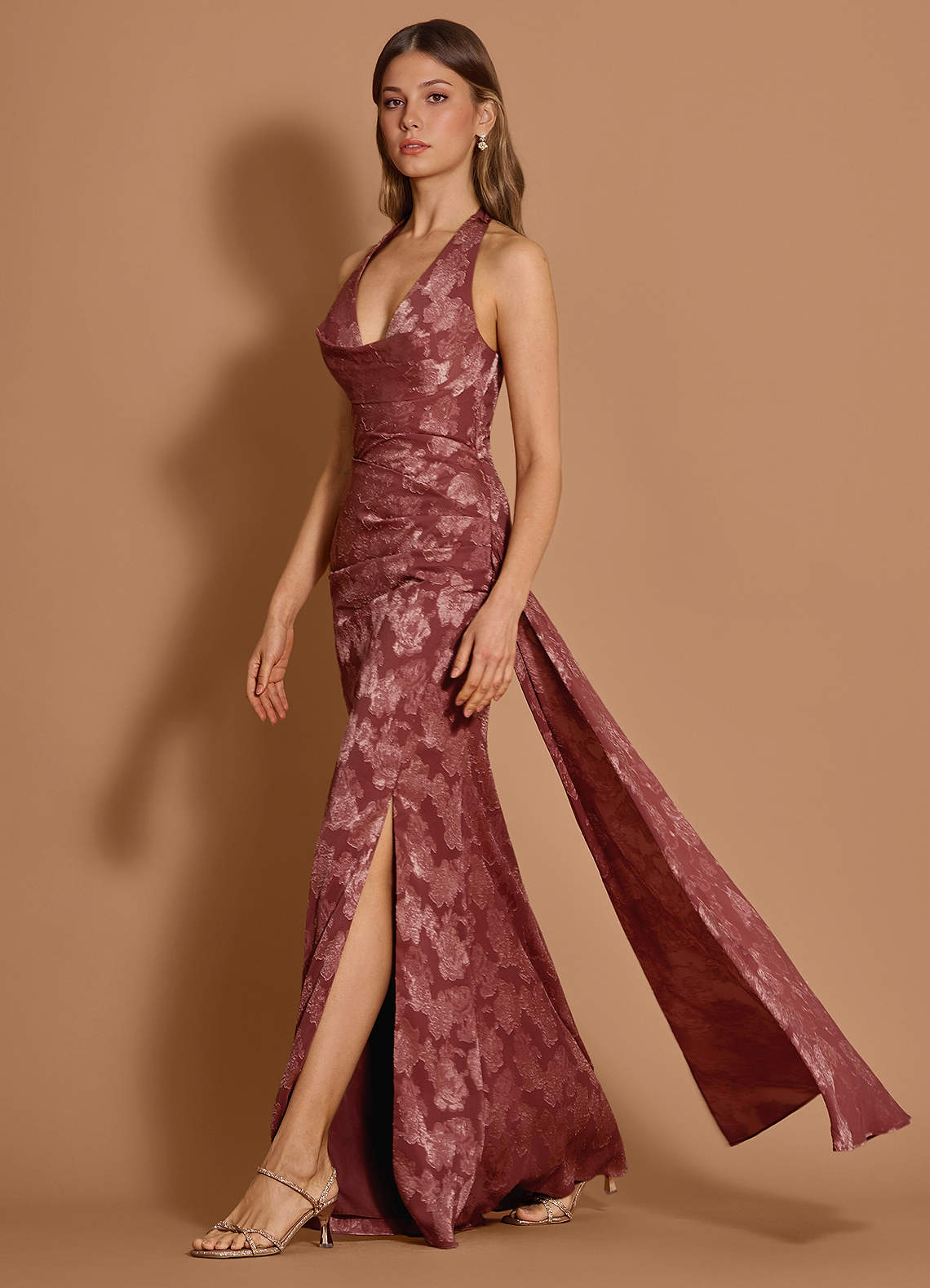Estee Halter Draped Floral Fil Coupé Wedding Guest Dress in Vintage Rose