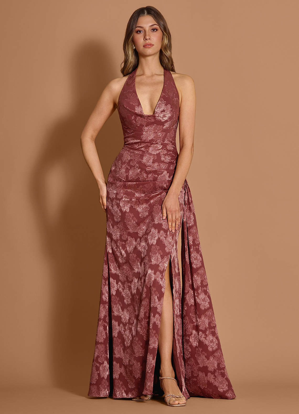 Estee Halter Draped Floral Fil Coupé Wedding Guest Dress in Vintage Rose