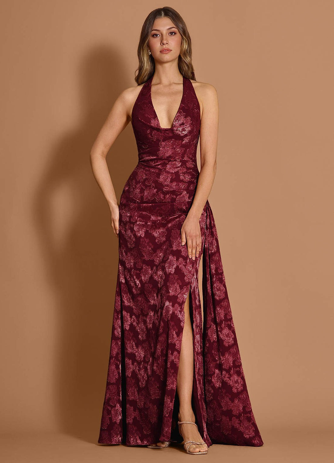 Estee Halter Draped Floral Fil Coupé Wedding Guest Dress in Wine