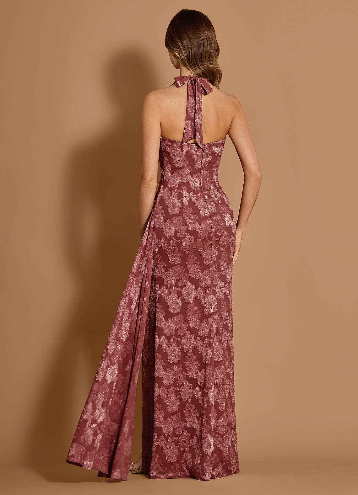 Estee Halter Draped Floral Fil Coupé Wedding Guest Dress in Vintage Rose