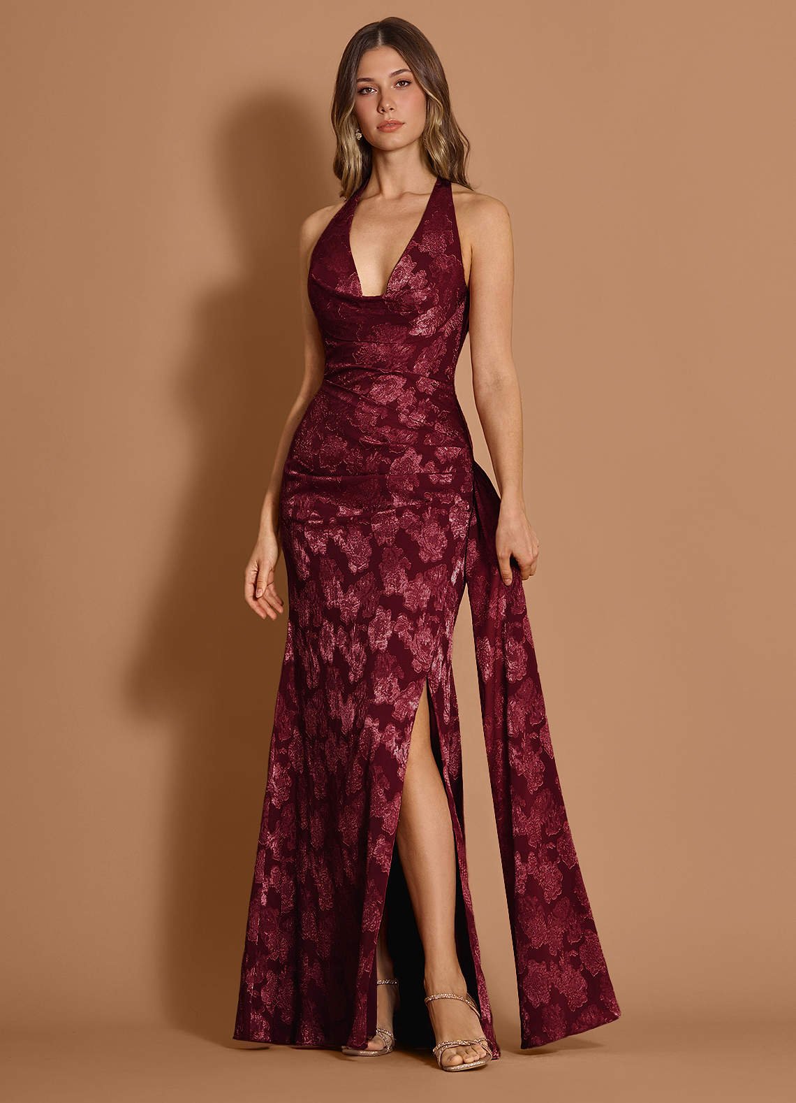 Estee Halter Draped Floral Fil Coupé Wedding Guest Dress in Wine