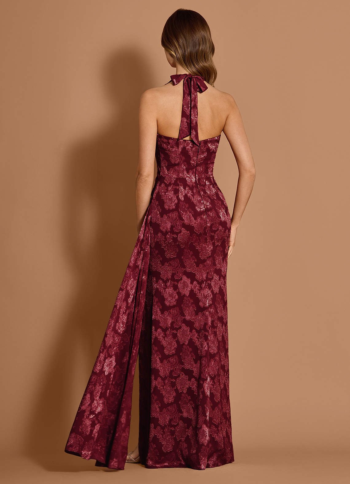 Estee Halter Draped Floral Fil Coupé Wedding Guest Dress in Wine