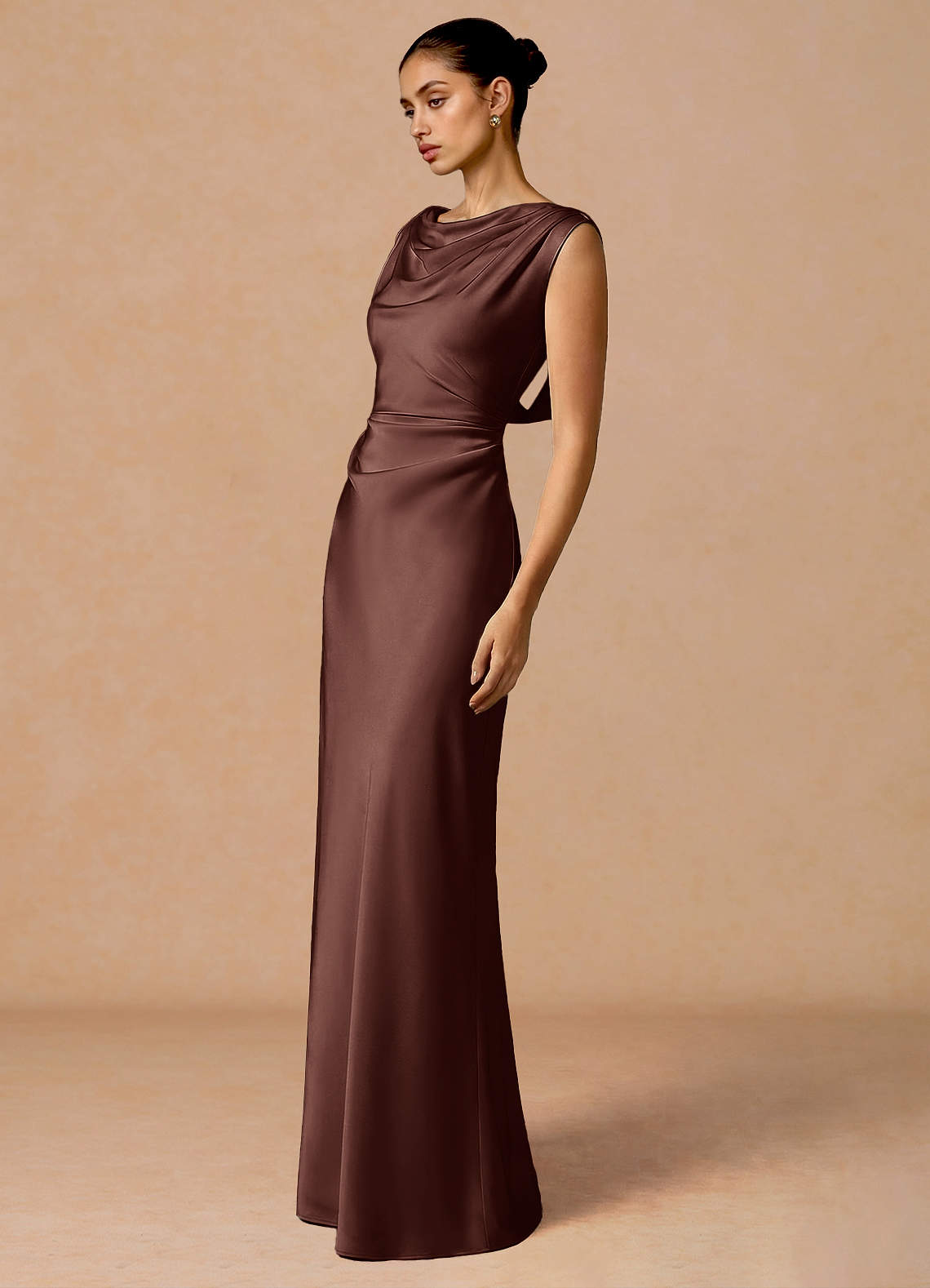 Evarine Sheath Boat-Neck Stretch Satin Evening Dress in Mocha Coco