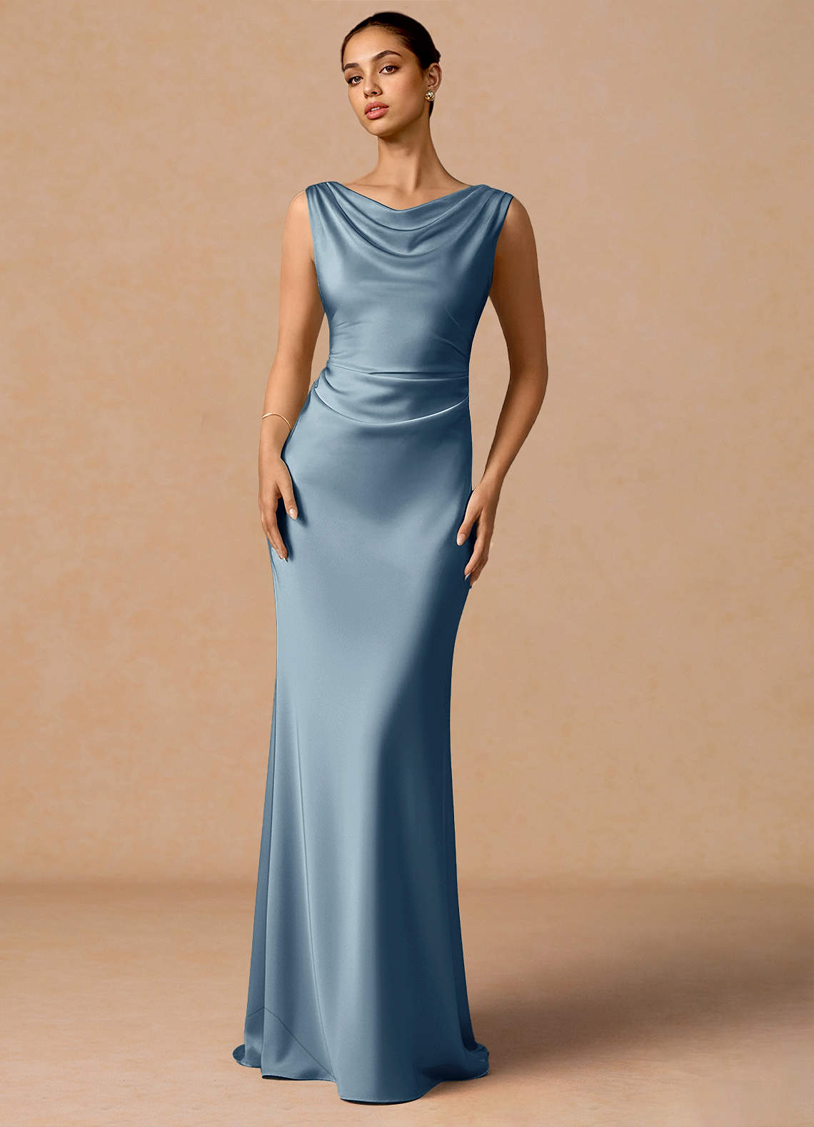 Evarine Sheath Boat-Neck Stretch Satin Evening Dress in Powder Blue