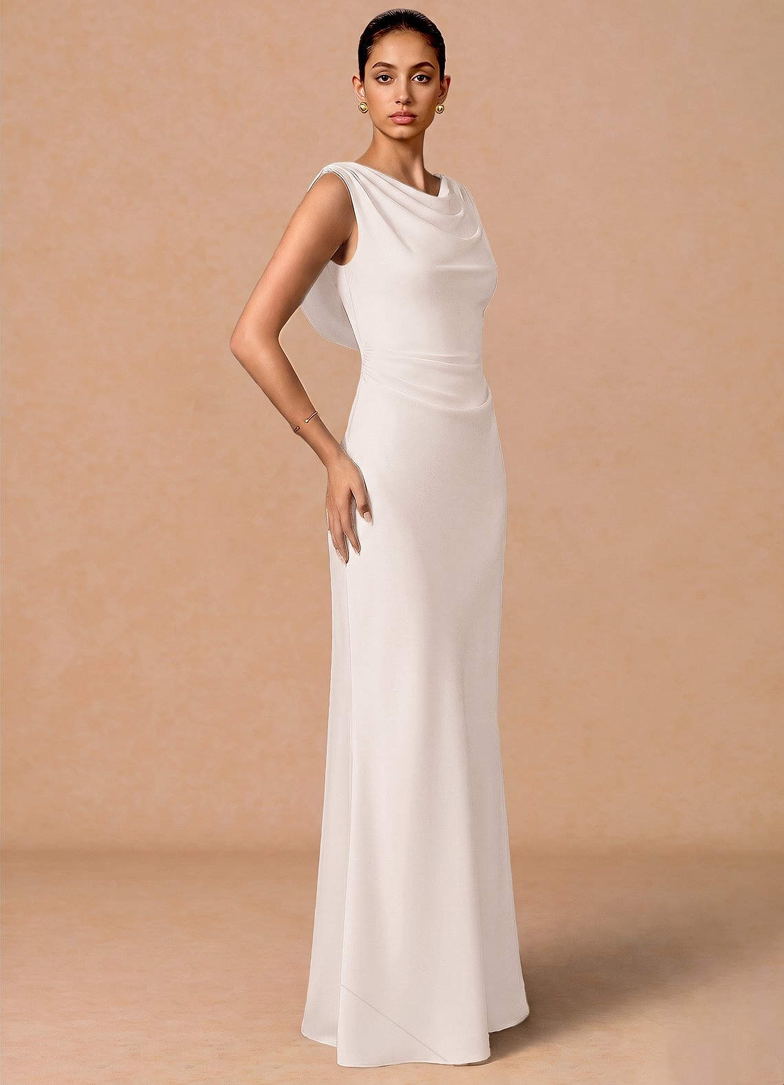 Evarine Sheath Boat-Neck Stretch Satin Evening Dress in Cream