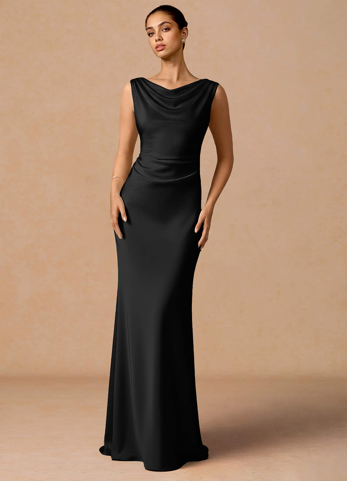 Evarine Sheath Boat-Neck Stretch Satin Evening Dress in Herb Green