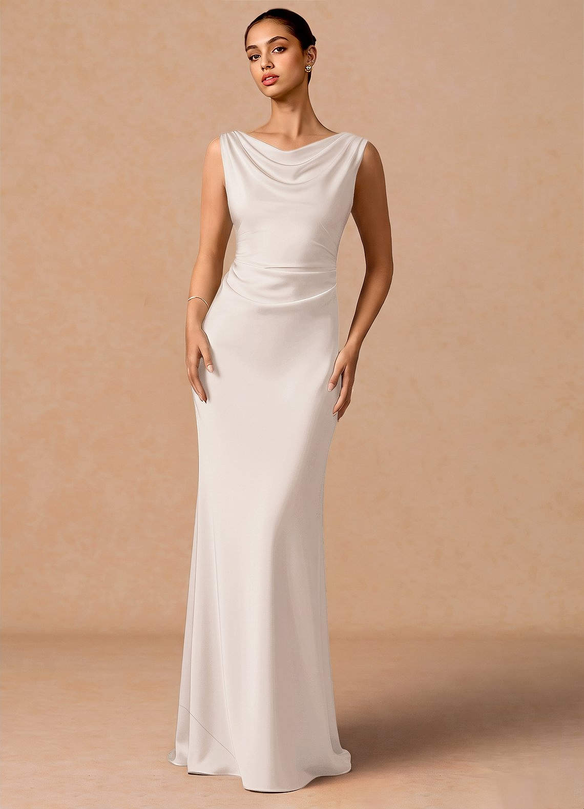 Evarine Sheath Boat-Neck Stretch Satin Evening Dress in Herb Green