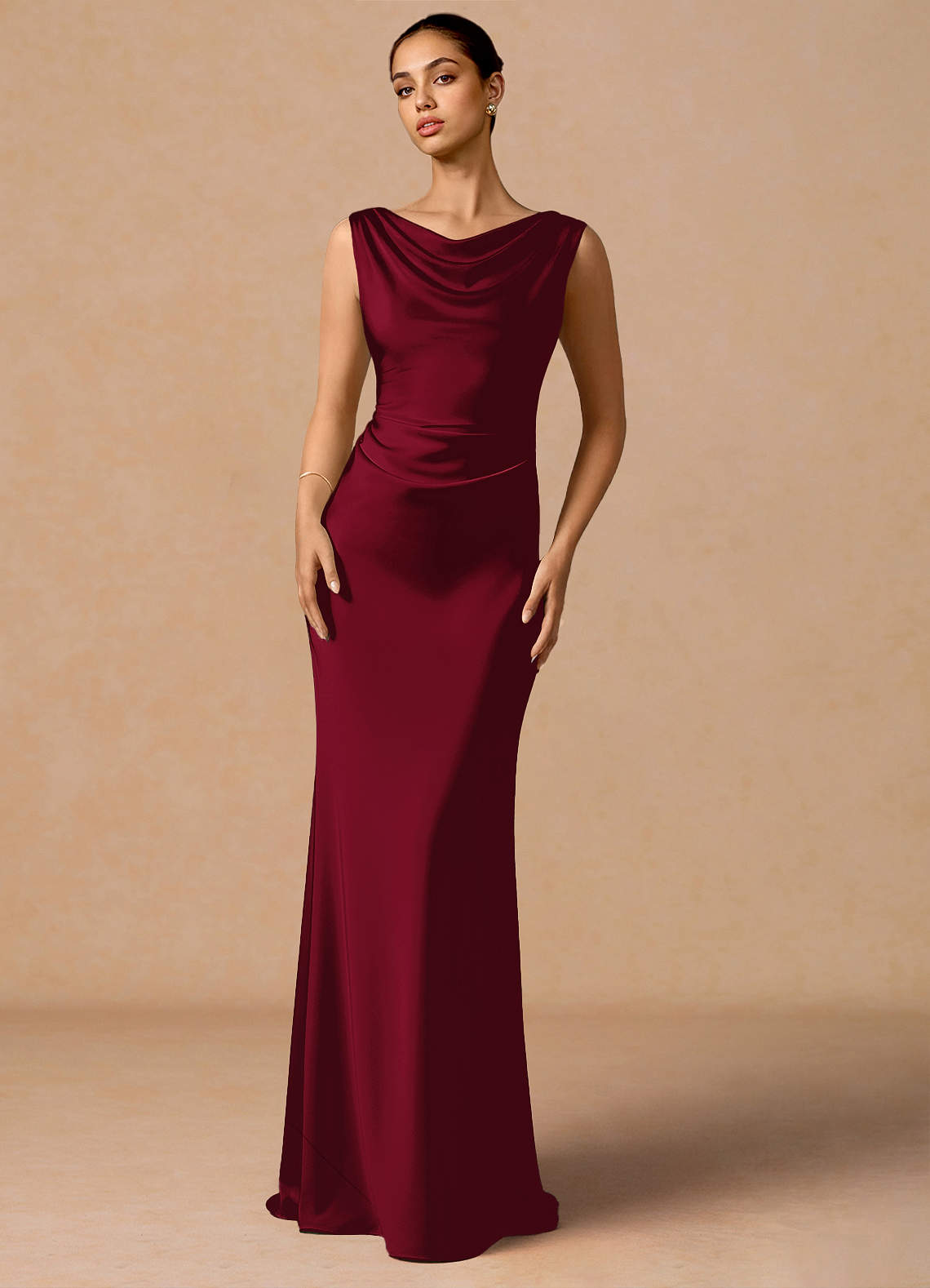 Evarine Sheath Boat-Neck Stretch Satin Evening Dress in Merlot