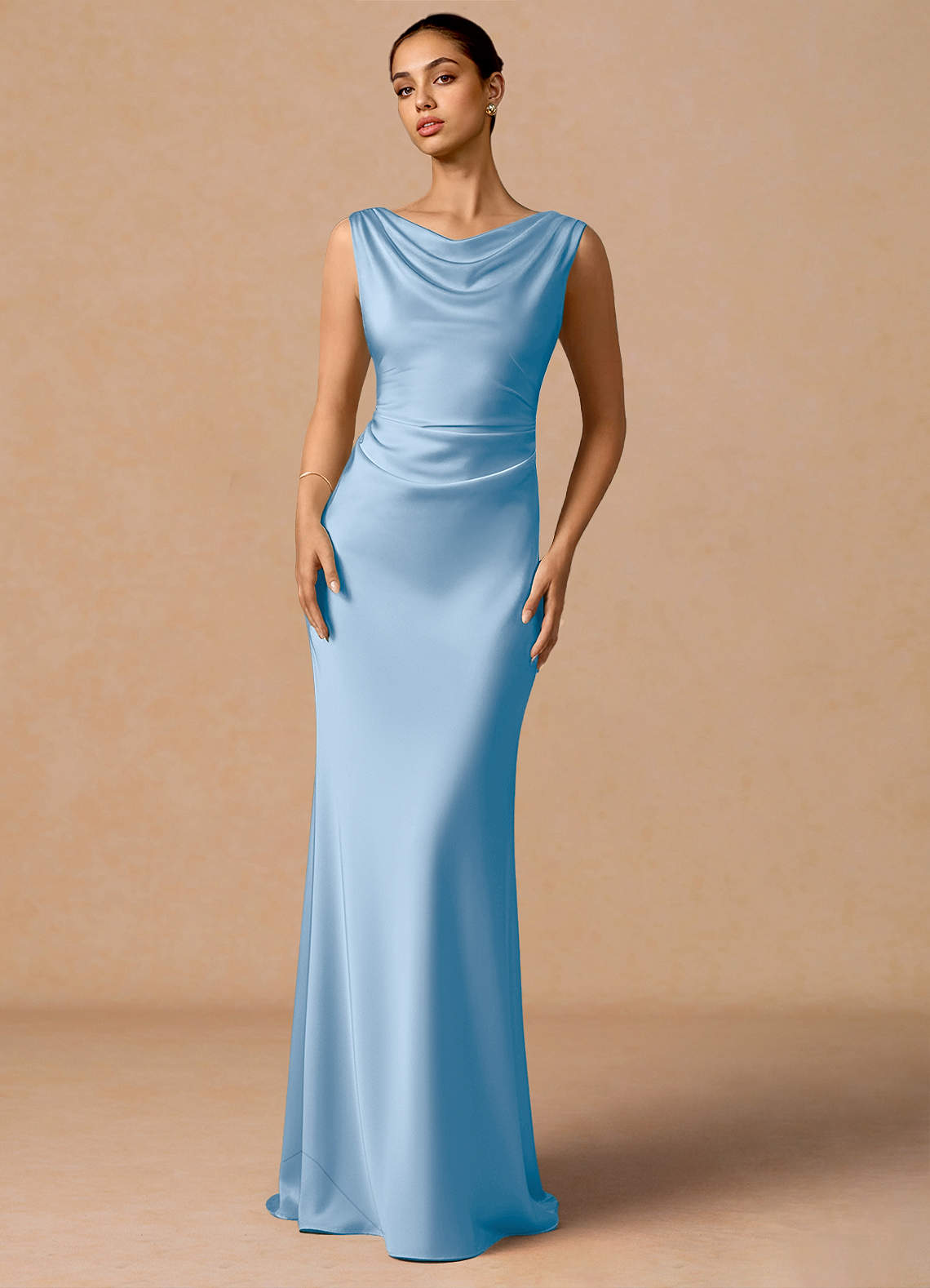 Evarine Sheath Boat-Neck Stretch Satin Evening Dress in Haze blue