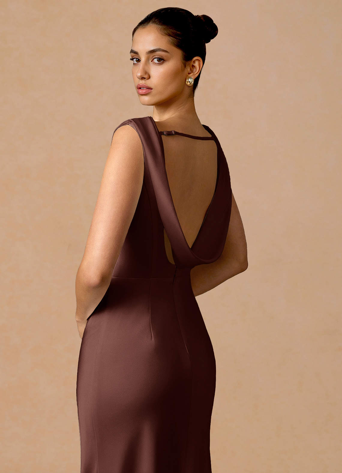 Evarine Sheath Boat-Neck Stretch Satin Evening Dress in Mocha Coco