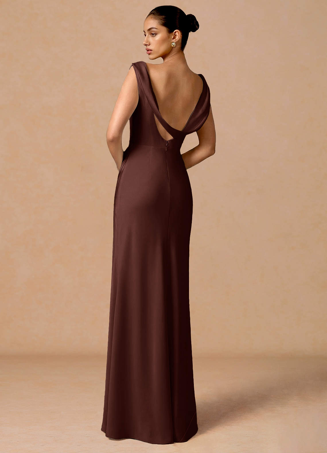 Evarine Sheath Boat-Neck Stretch Satin Evening Dress in Mocha Coco