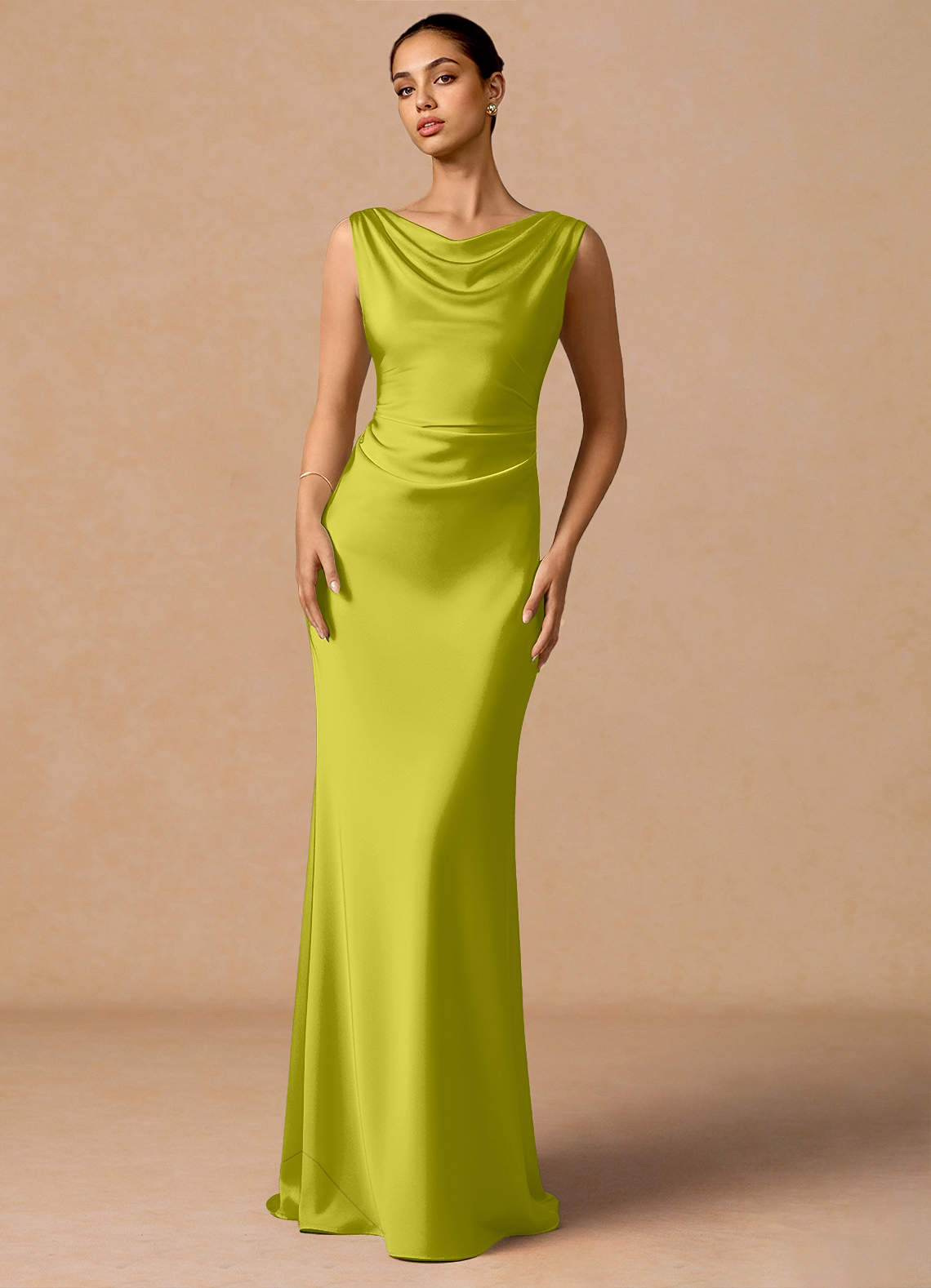 Evarine Sheath Boat-Neck Stretch Satin Evening Dress in Herb Green